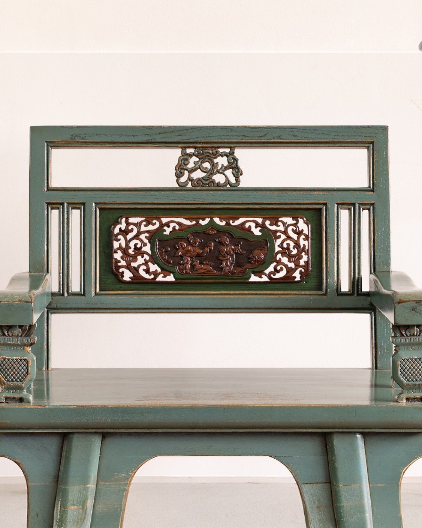 One Seated Hand-Painted Elm Bench with Antique Carved Window Back