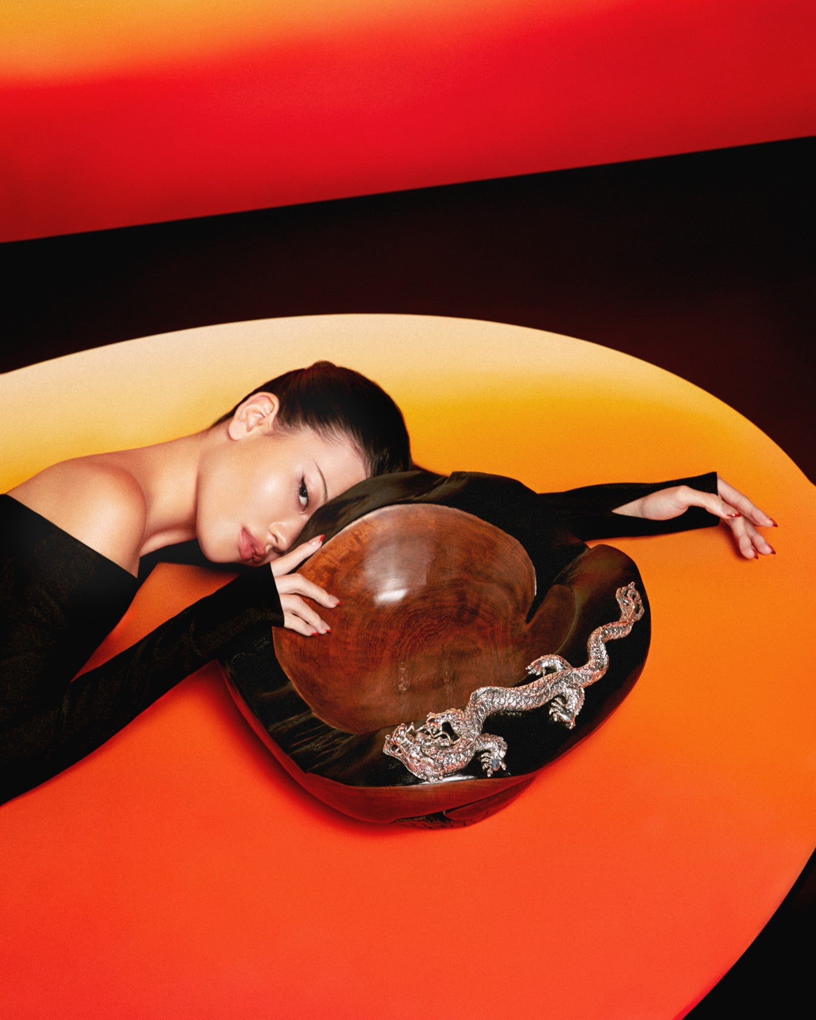 Teak Wood Bowl with Silver Dragon