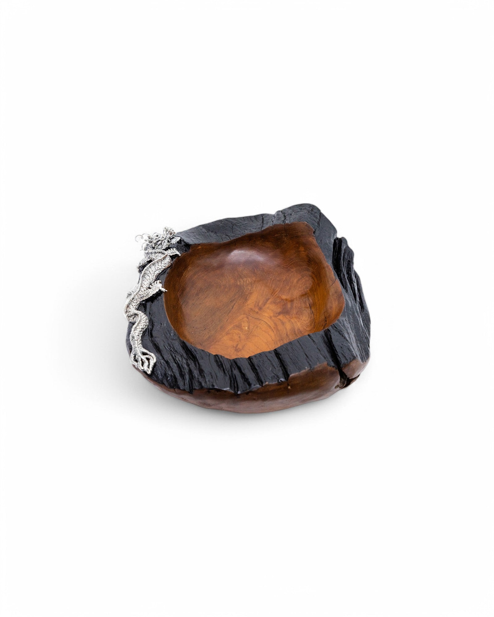 Teak Wood Bowl with Silver Dragon