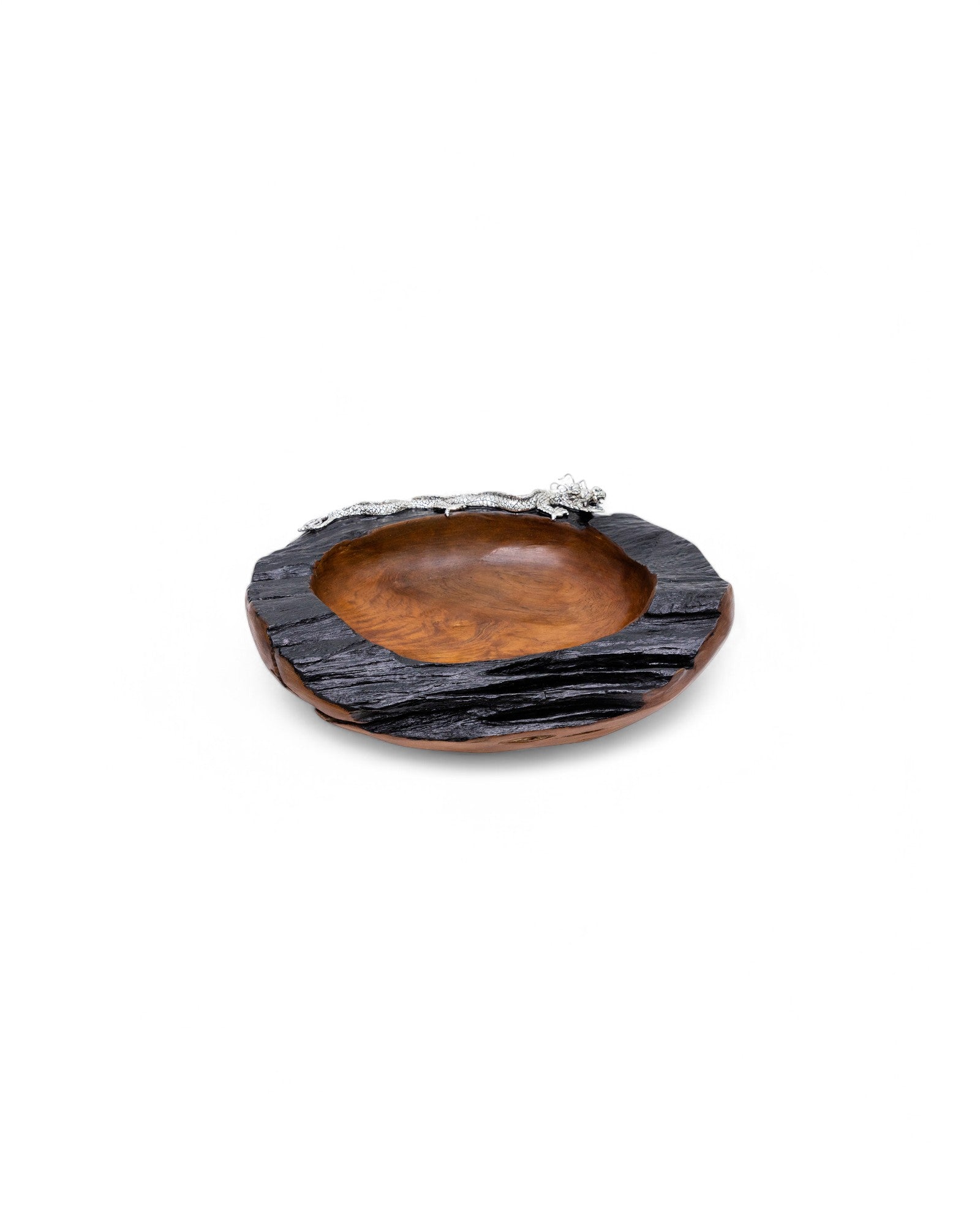 Teak Wood Bowl with Silver Dragon