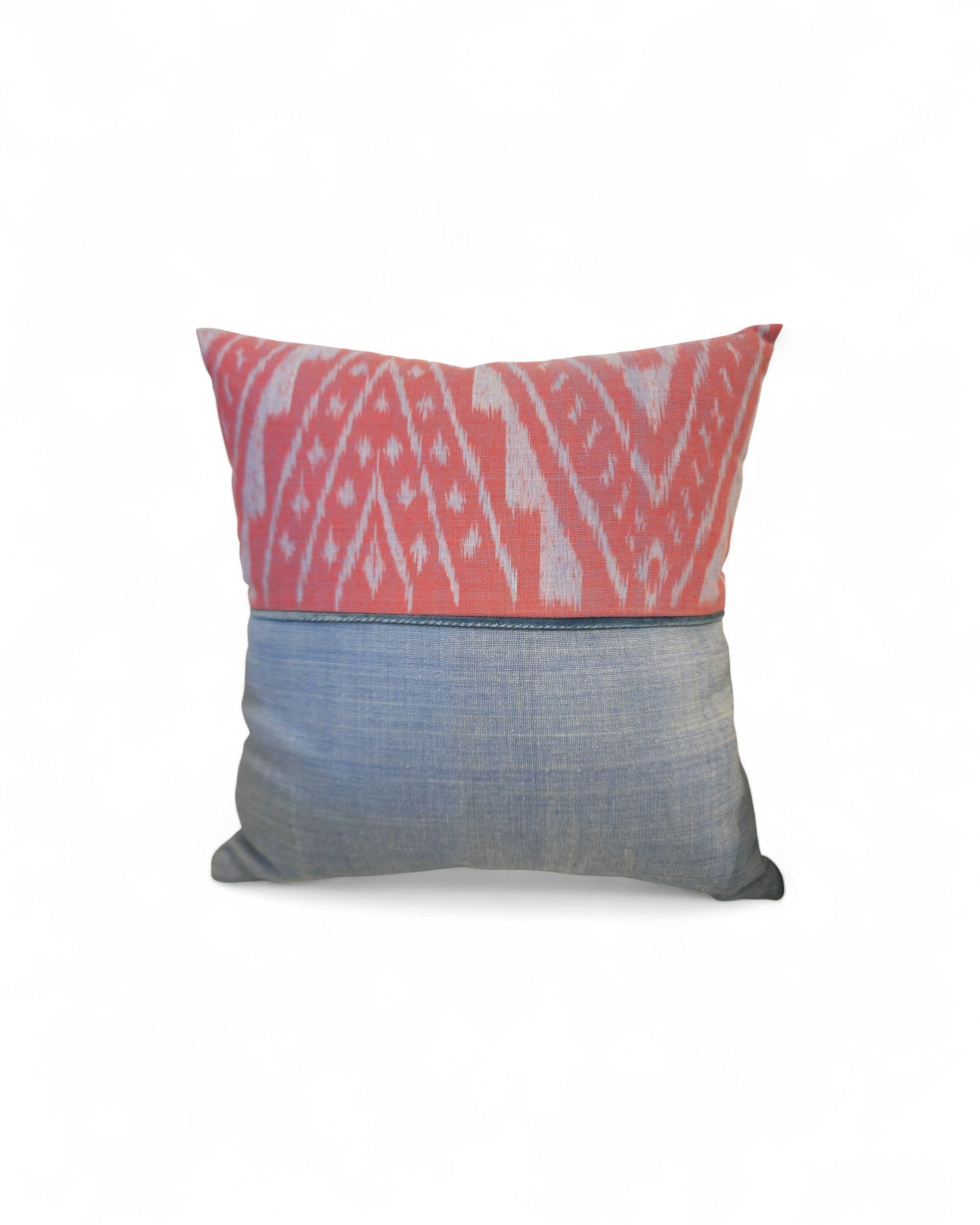 Square Cushion Top Ikat, Velvet Piping - Coral Pink & Light Blue