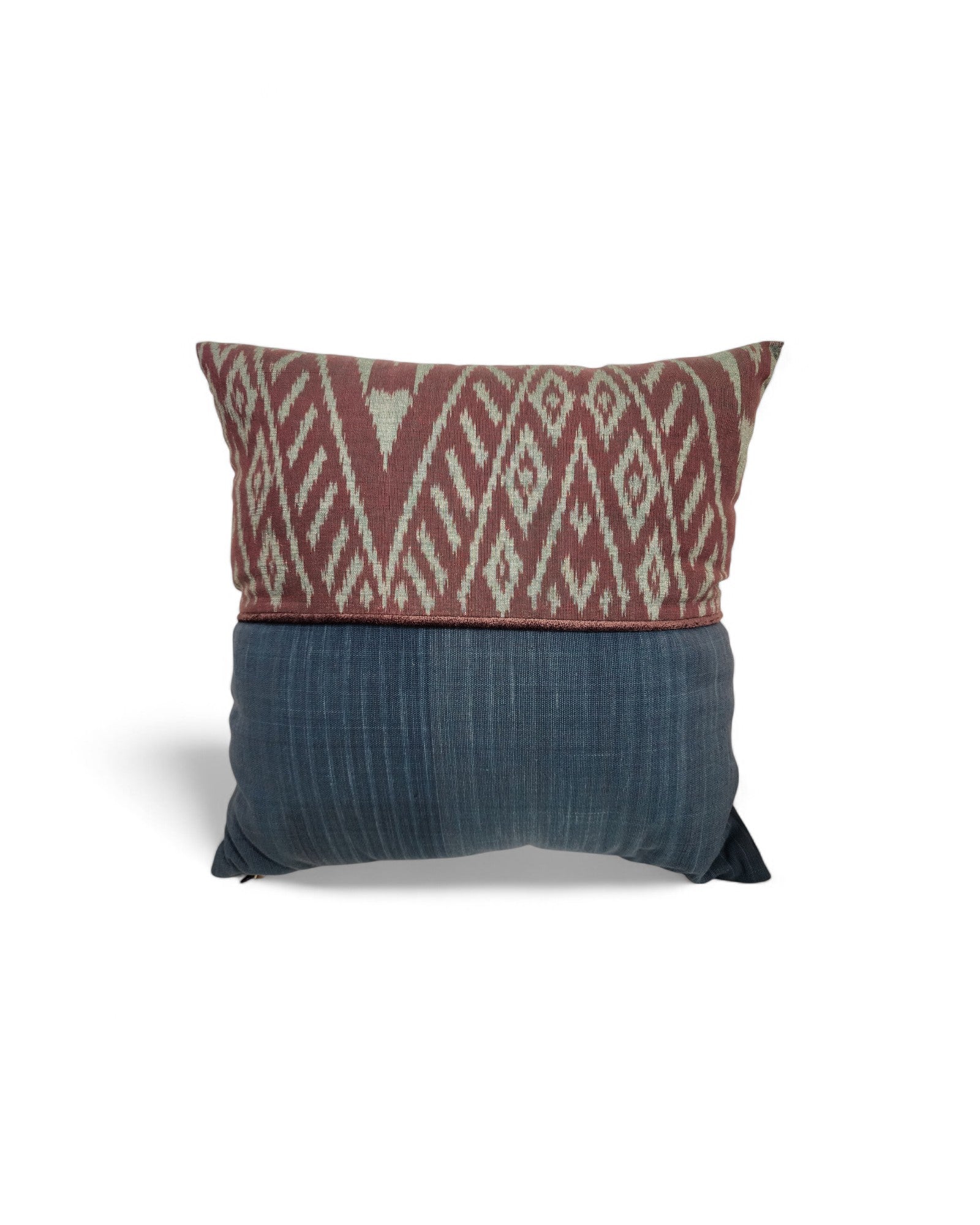 Square Cushion Top Ikat, Velvet Piping - Muted Blue