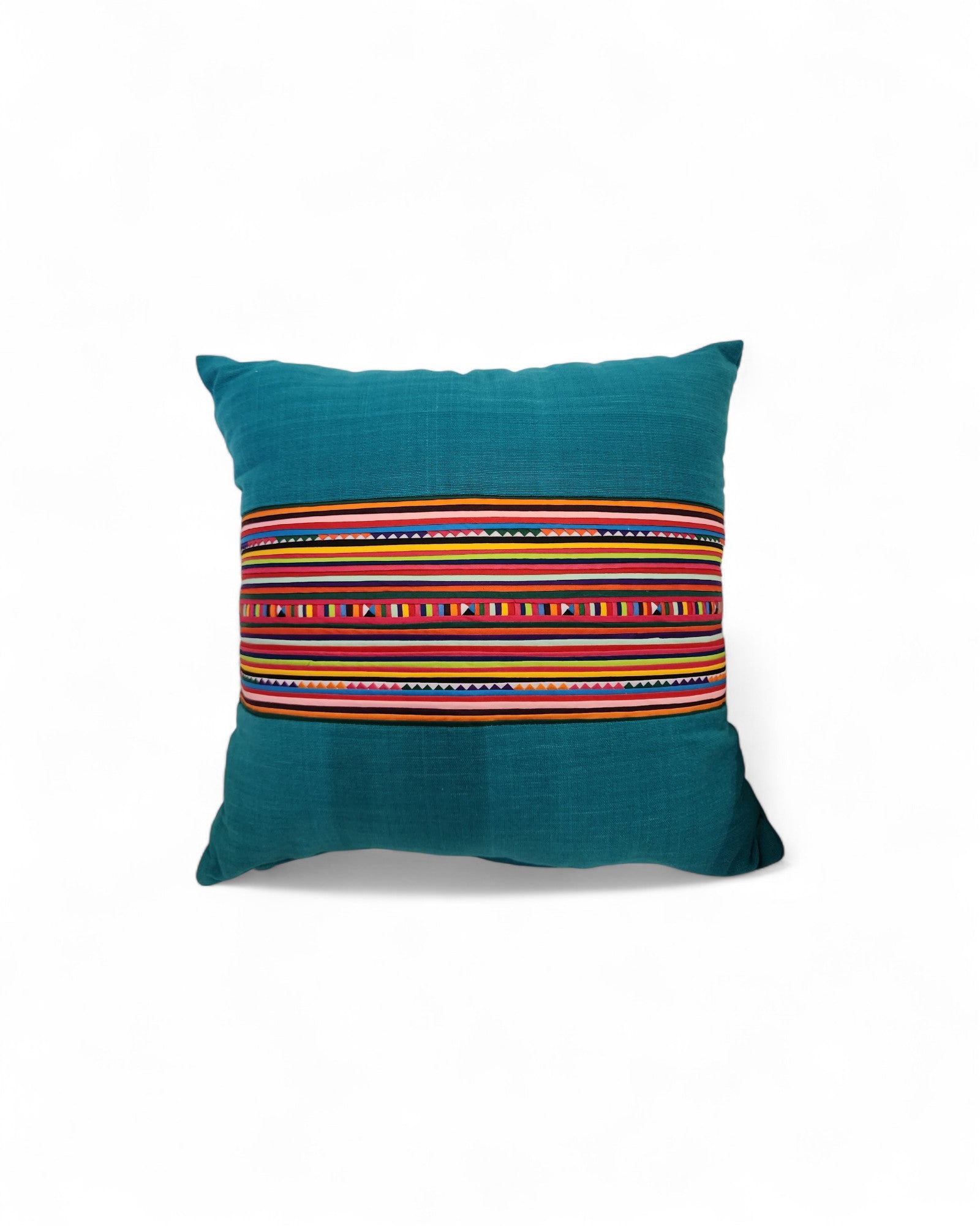 Square Cushion with Handwoven Cotton and Lisu Embroidery - Turquoise