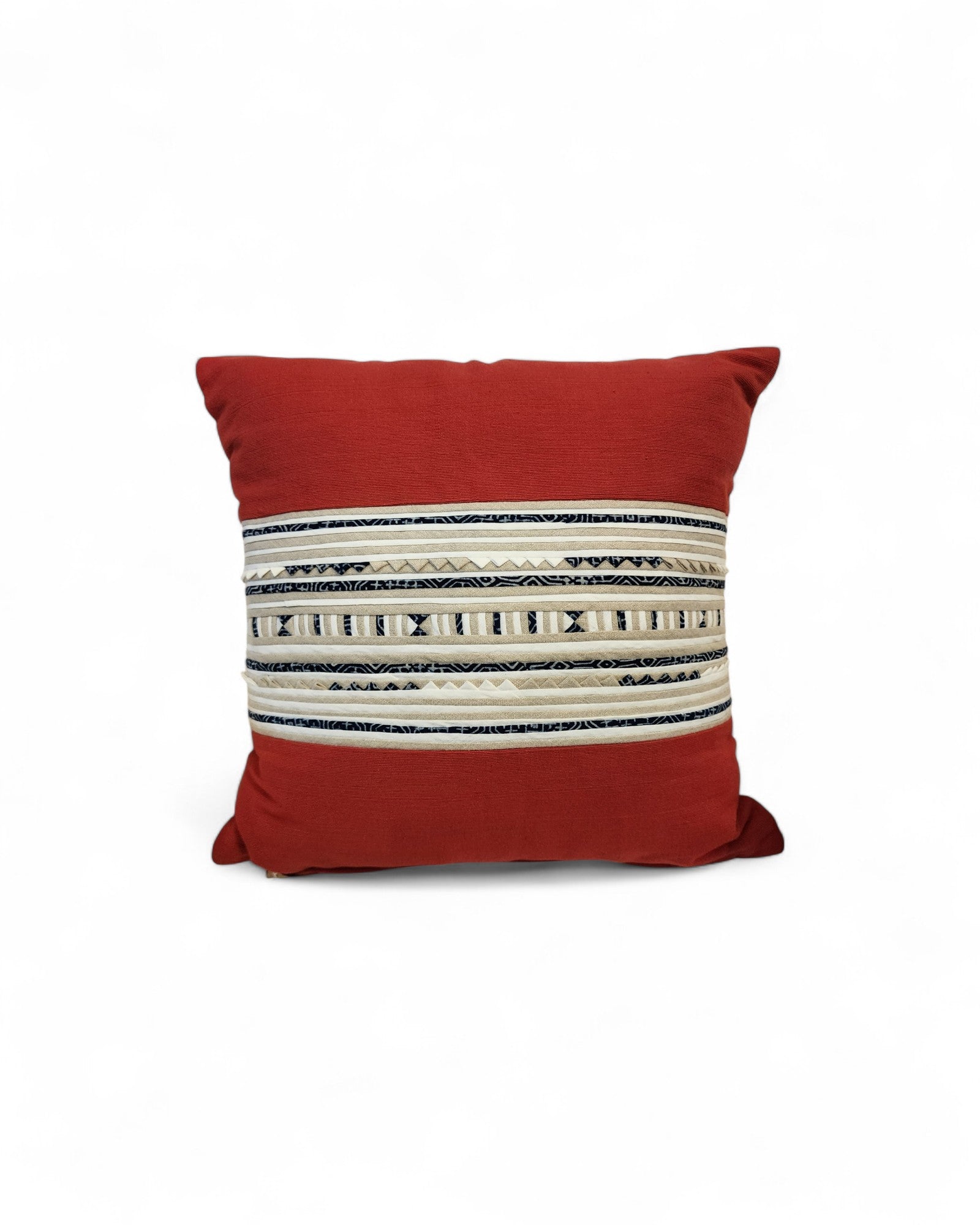 Square Cushion with Handwoven Cotton and Lisu Embroidery - Ruby
