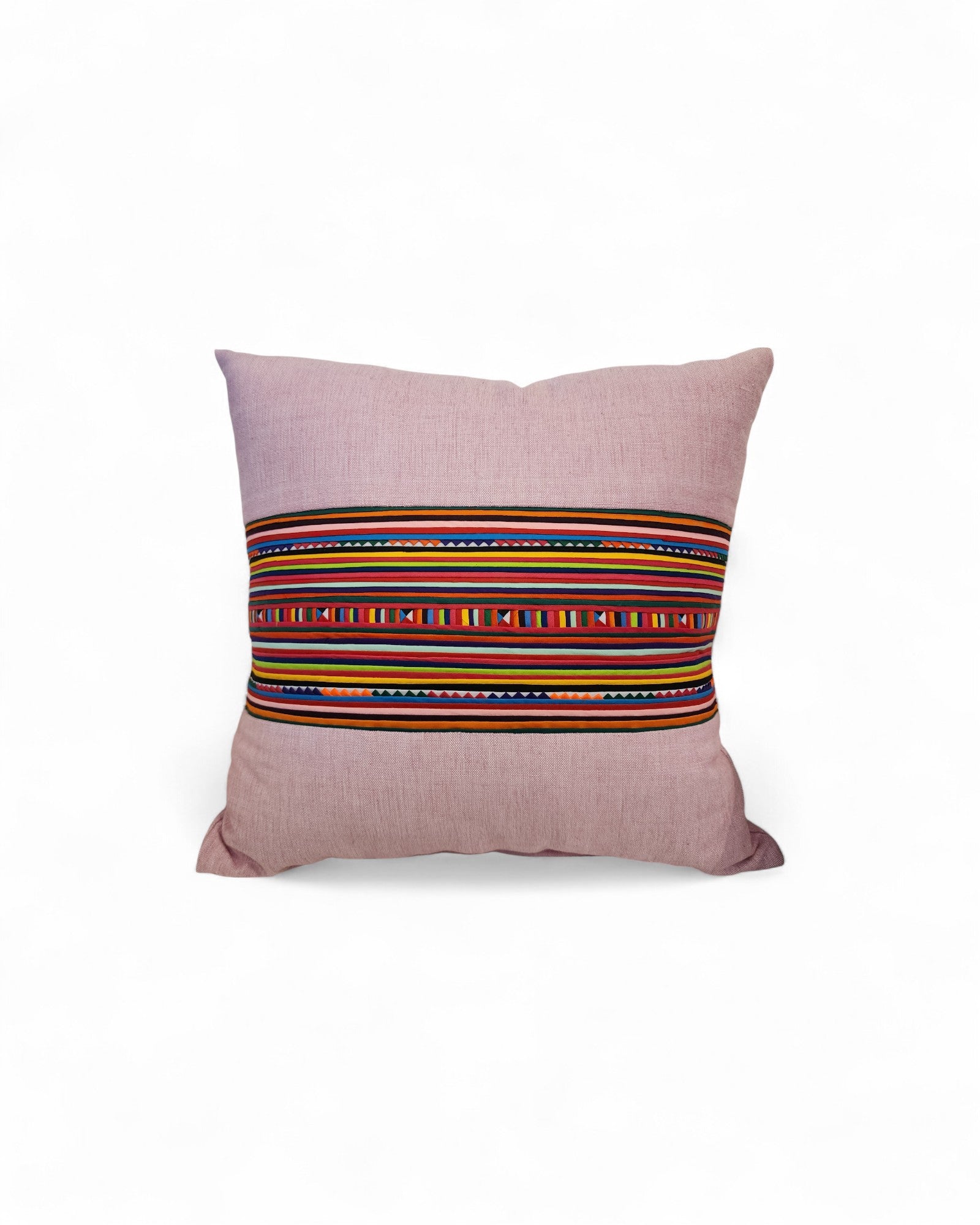 Square Cushion with Handwoven Cotton and Lisu Embroidery - Light Pink