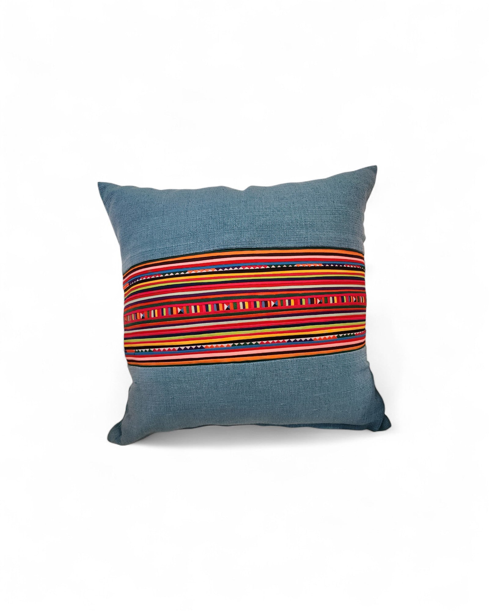 Square Cushion with Handwoven Cotton and Lisu Embroidery - Denim Tone
