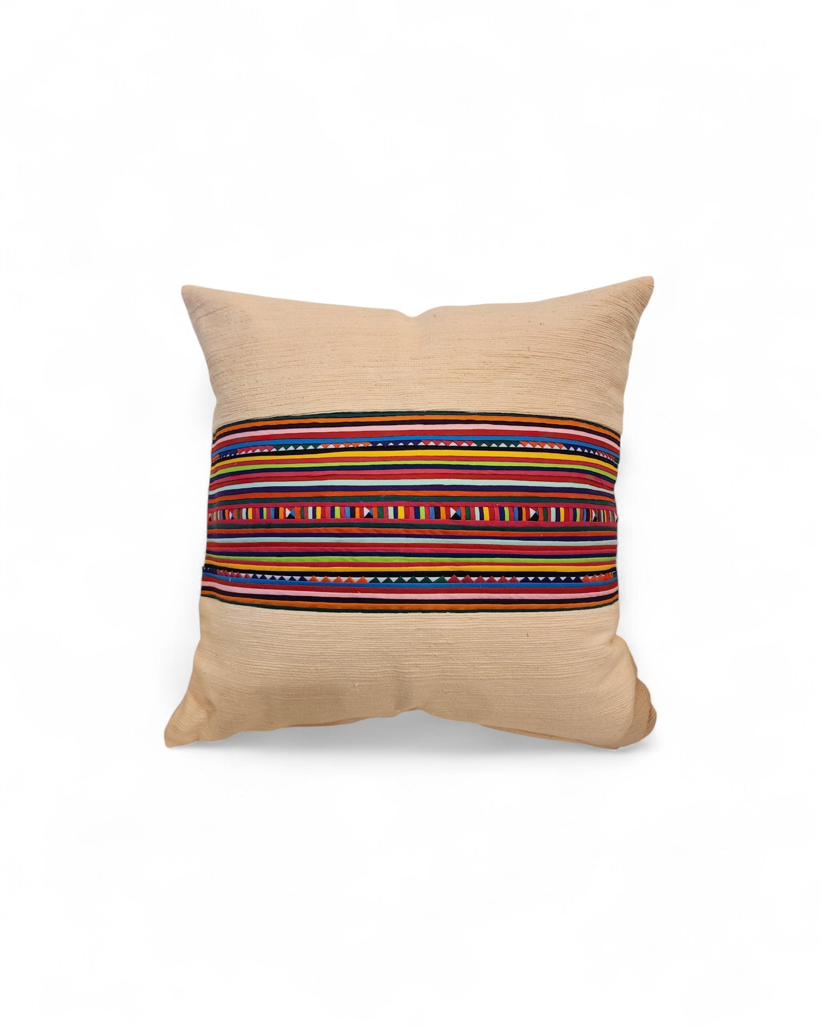 Square Cushion with Handwoven Cotton and Lisu Embroidery - Apricot