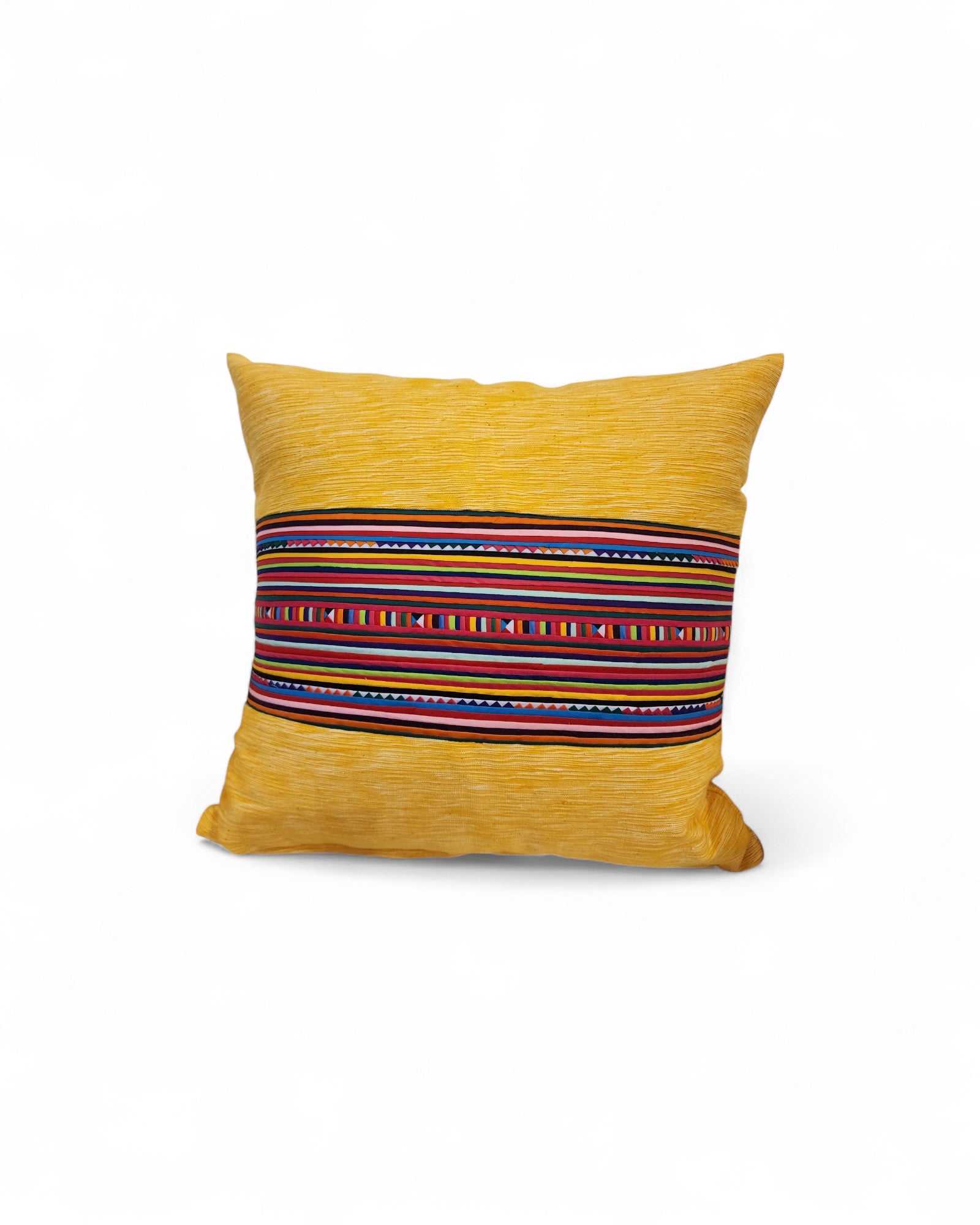 Square Cushion with Handwoven cotton & Lisu Embroidery - Yellow