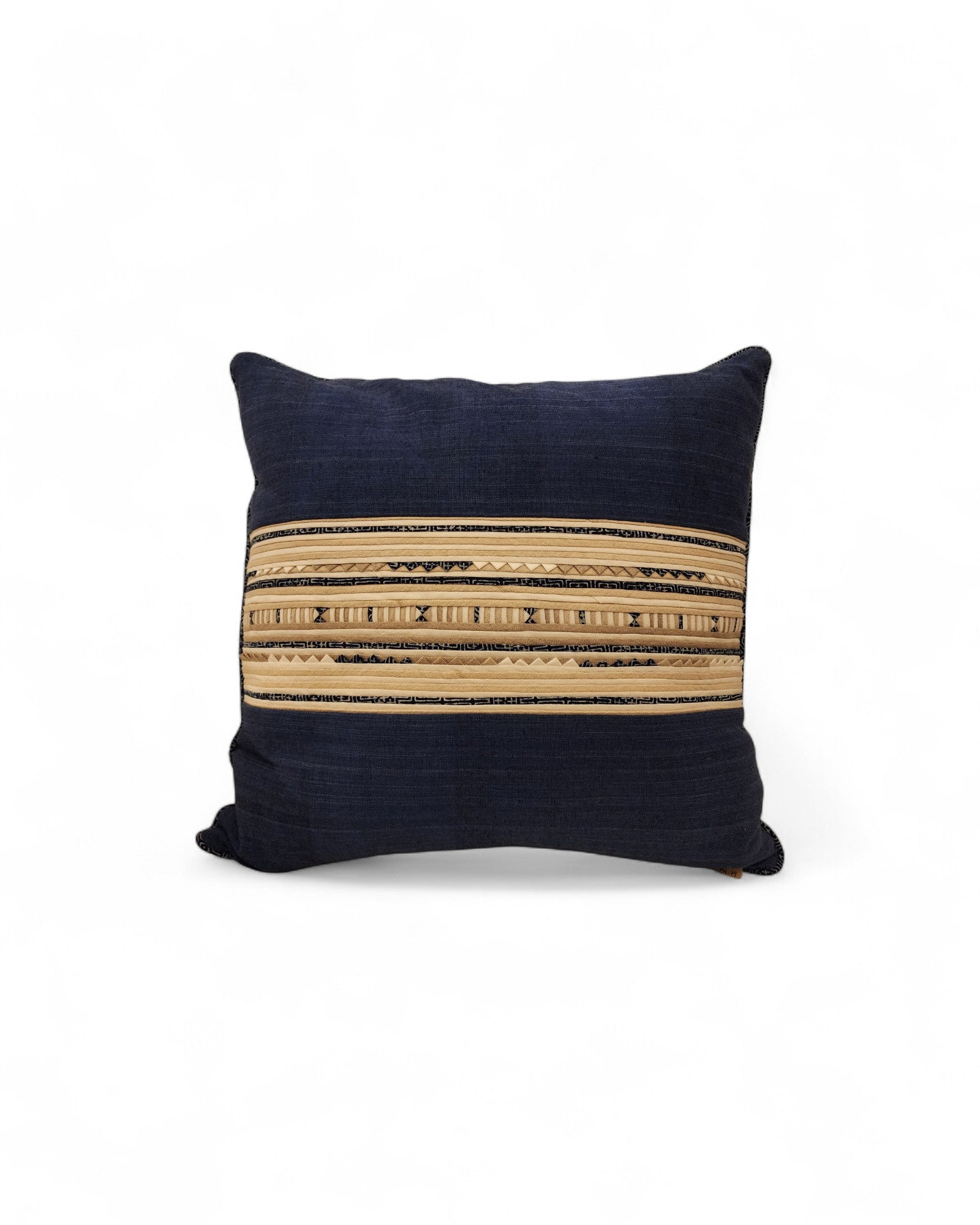 Square Cushion with Handwoven Cotton and Lisu Embroidery - Deep Blue