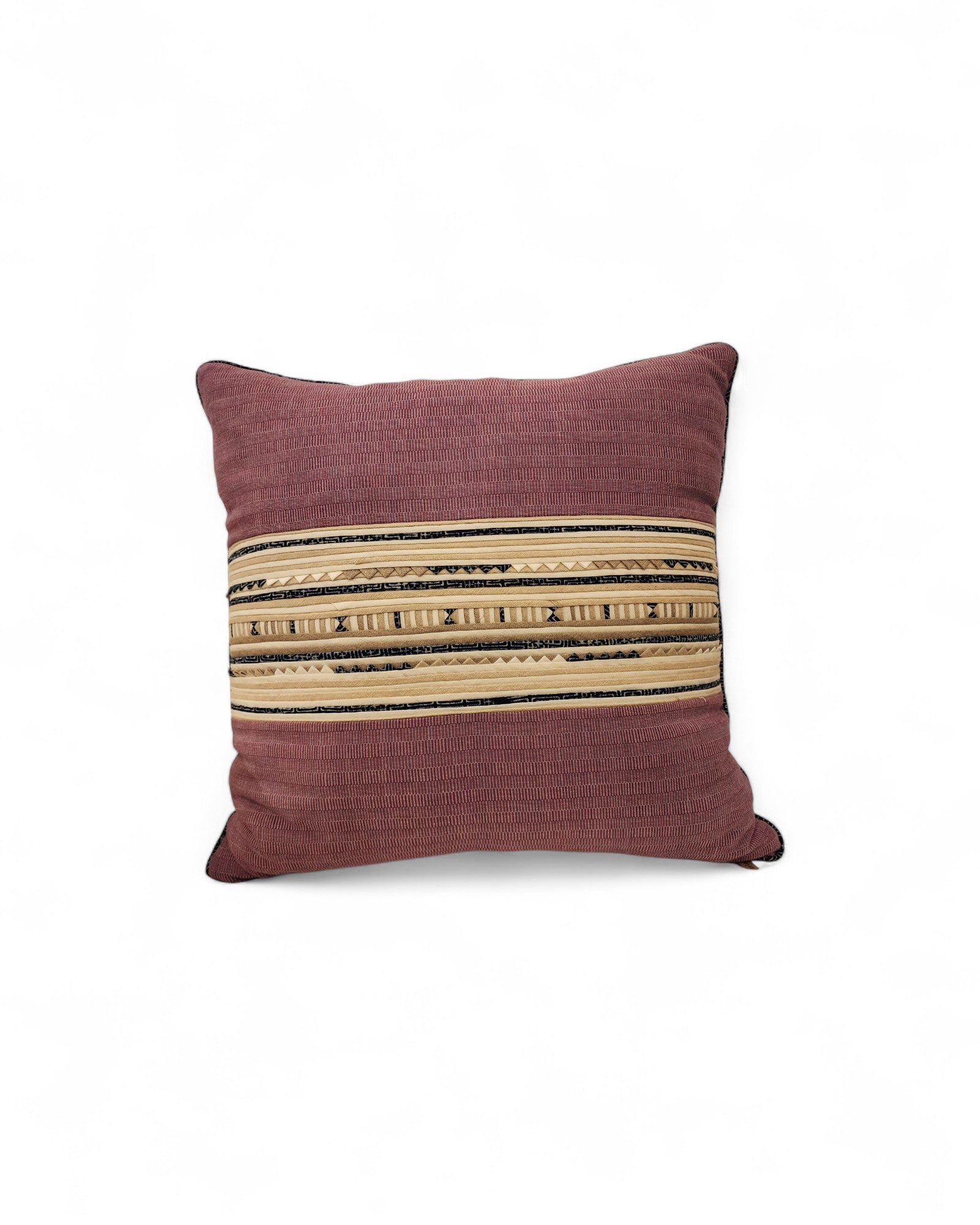 Square Cushion with Handwoven Cotton and Lisu Embroidery - Indigo & Ivory