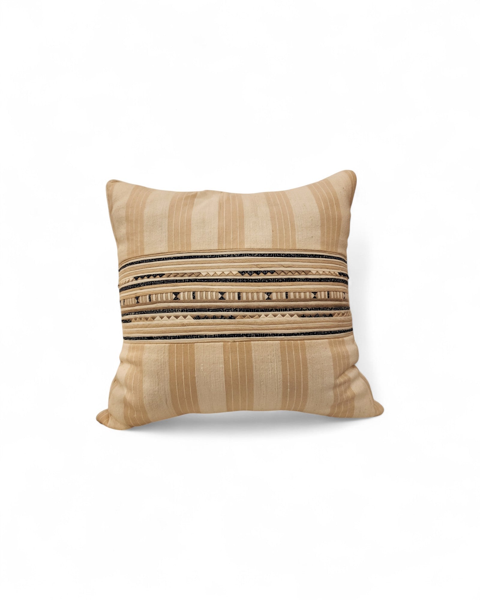 Square Cushion with Handwoven Cotton and Lisu Embroidery - Striped Tan