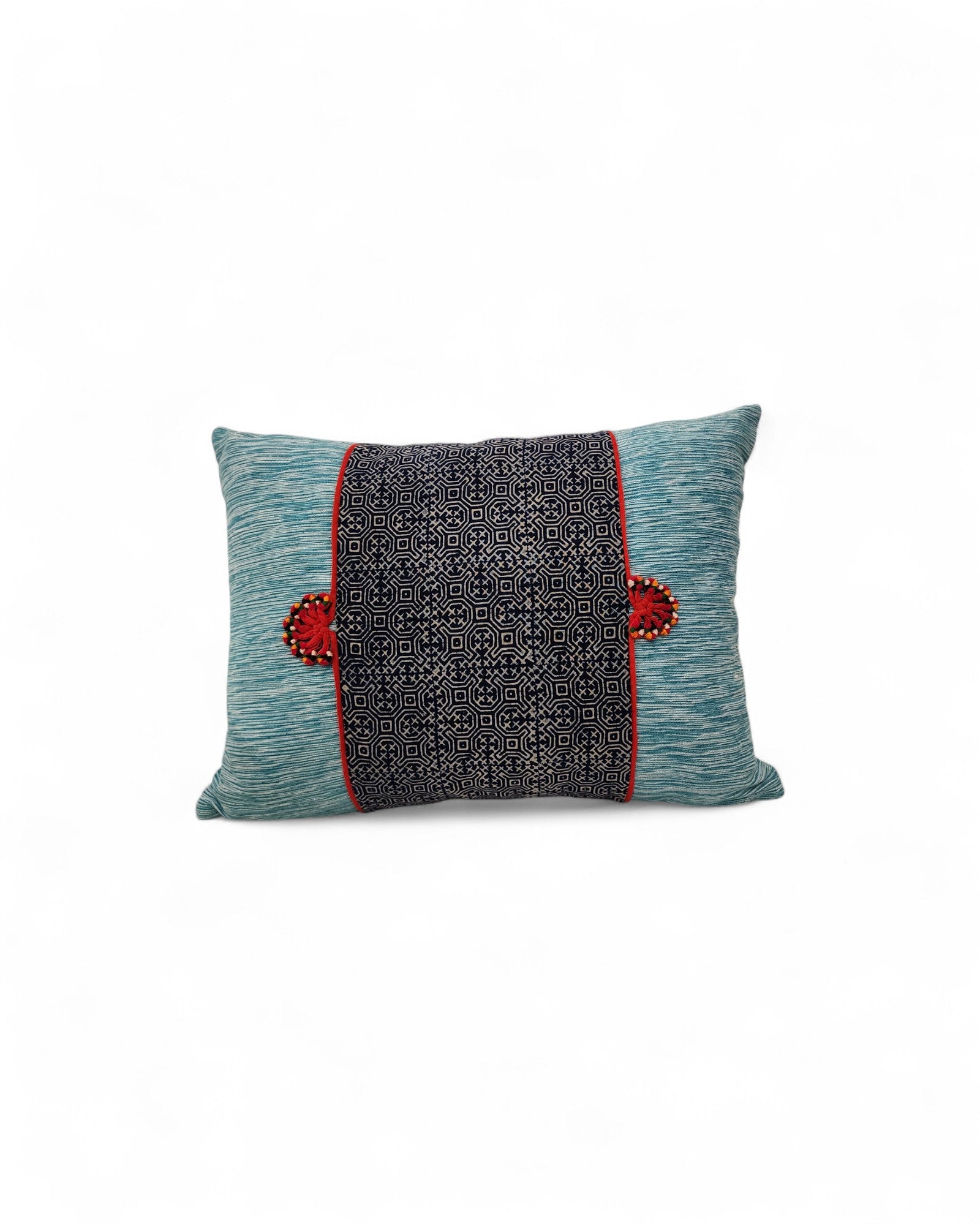 Lumbar Cushion Feat. Indigo Wax Print, Red Embroidered "Flowers" - Seafoam Blue