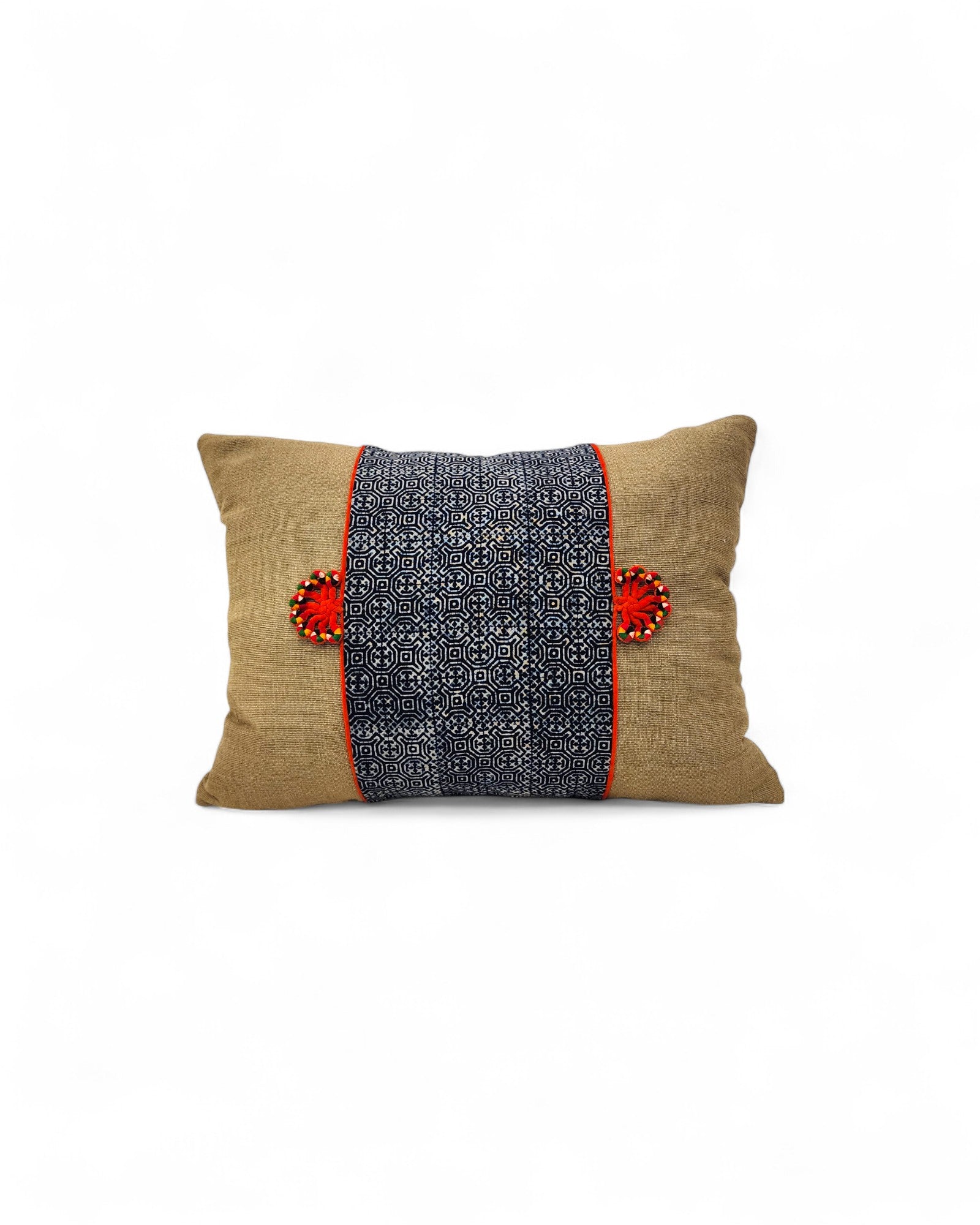Lumbar Cushion Feat. Indigo Wax Print, Red Embroidered "Flowers" - Green