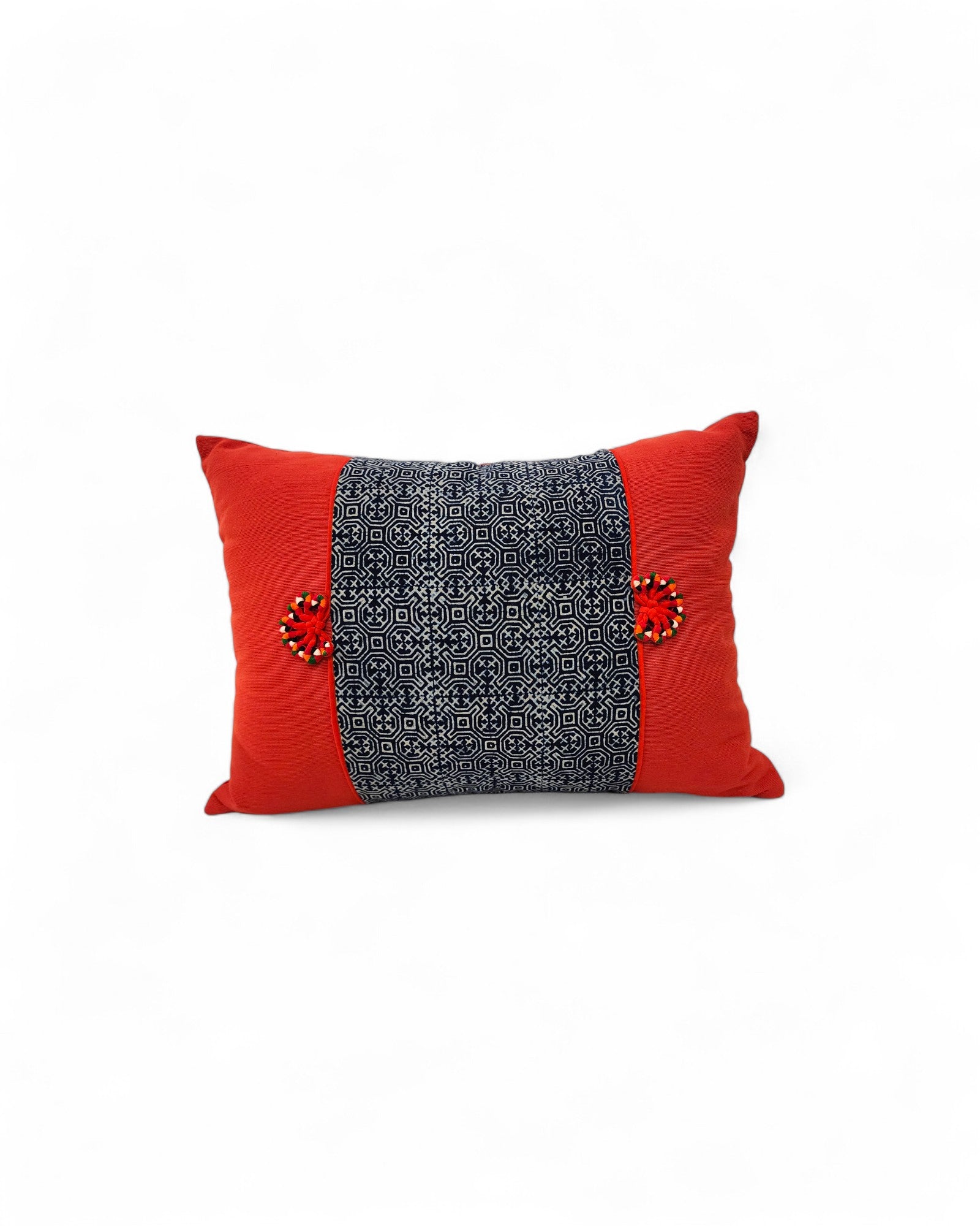 Lumbar Cushion Feat. Indigo Wax Print, Red Embroidered "Flowers" - Red