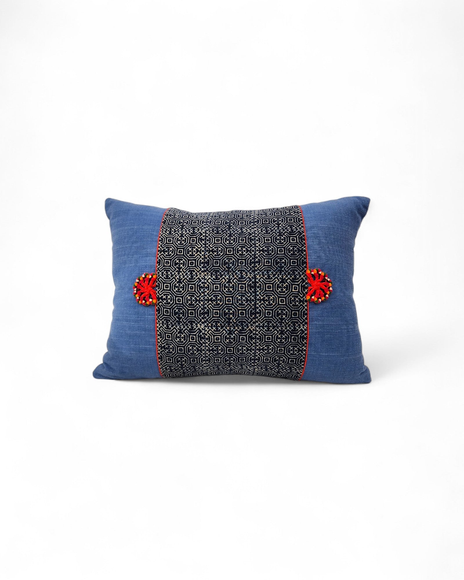 Lumbar Cushion Feat. Indigo Wax Print, Red embroidered "Flowers" - Denim Blue