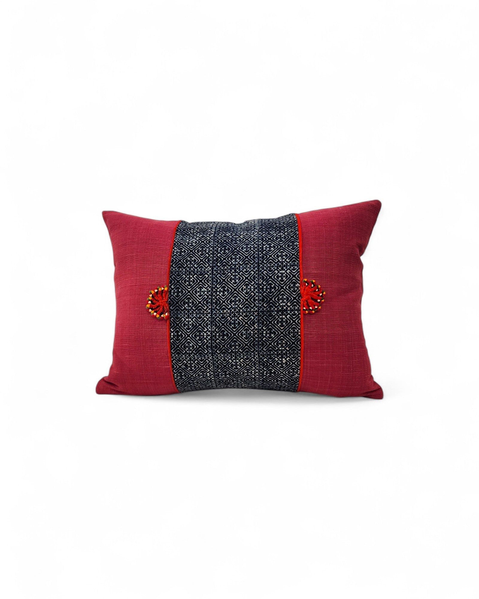 Lumbar Cushion Feat. Indigo Wax Print, Red embroidered "Flowers" - Rose