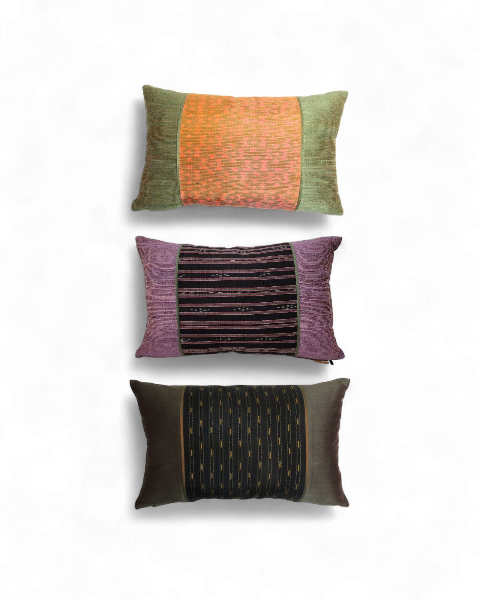 Rectangular Thai Textile Cushions – Indigo, Black Silk, and Sunset Orange - Set of 3
