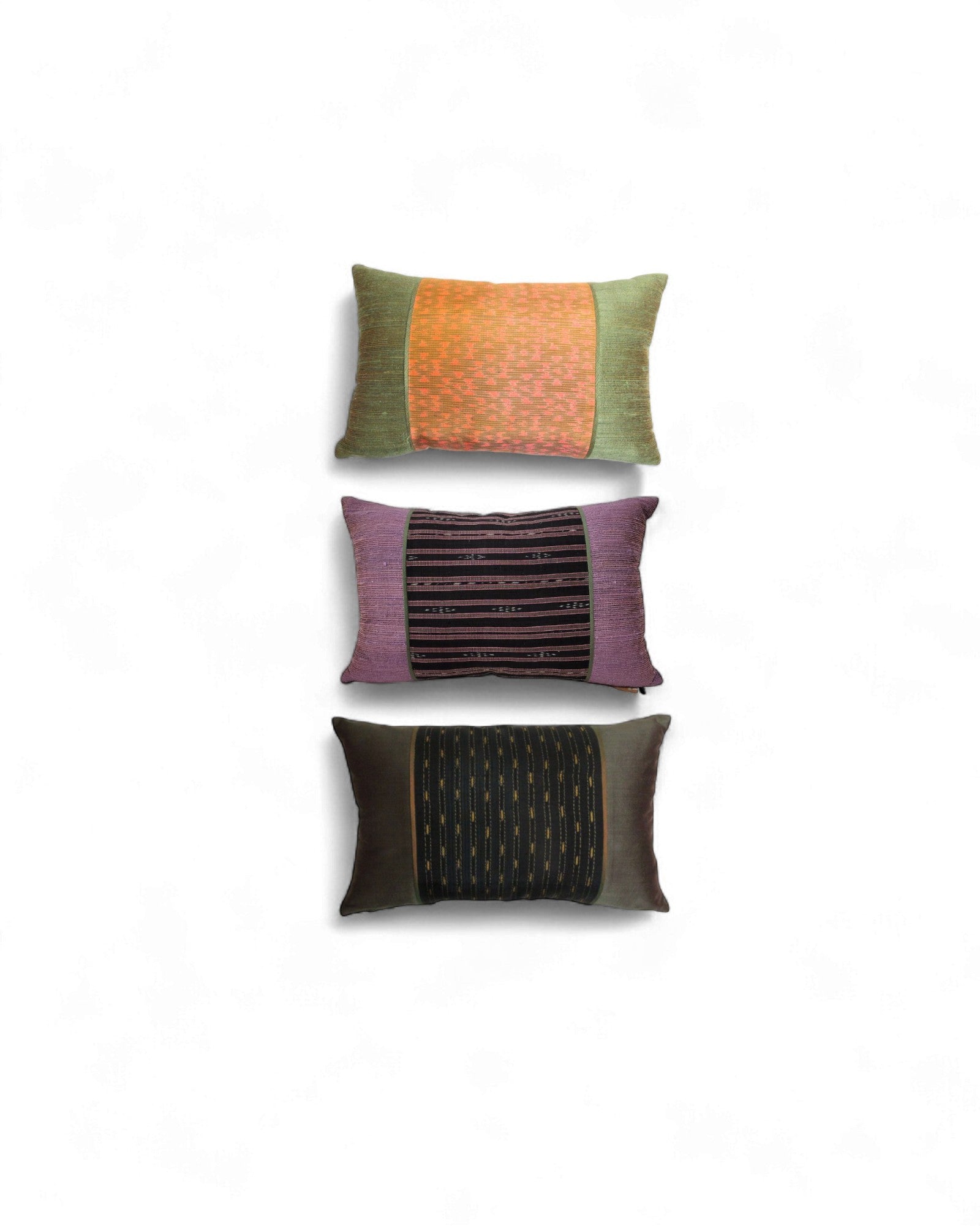 Rectangular Thai Textile Cushions – Indigo, Black Silk, and Sunset Orange - Set of 3