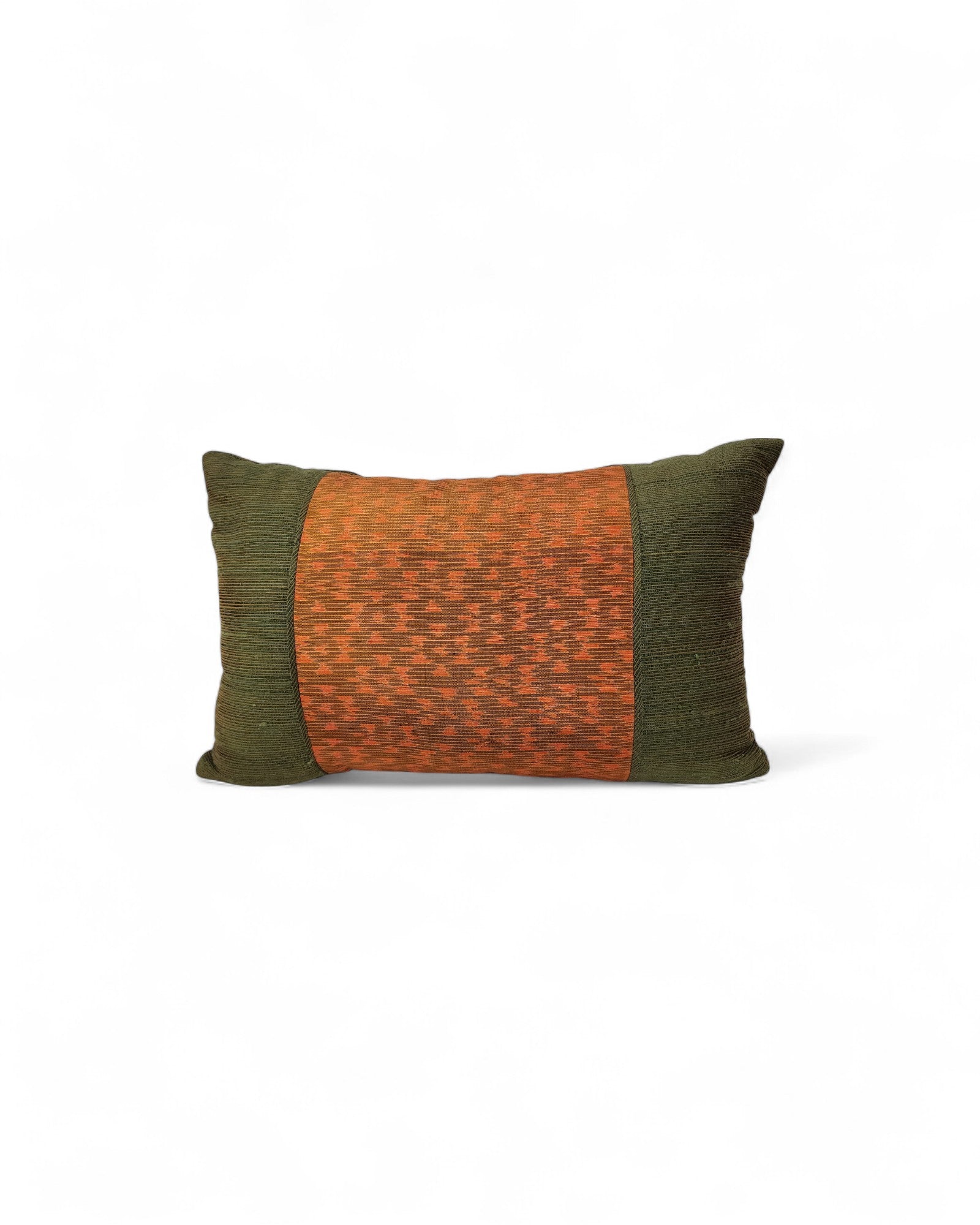 Lumbar Cushion in Handwoven Silk & Mudmee Silk Centre - Olive Green & Orange