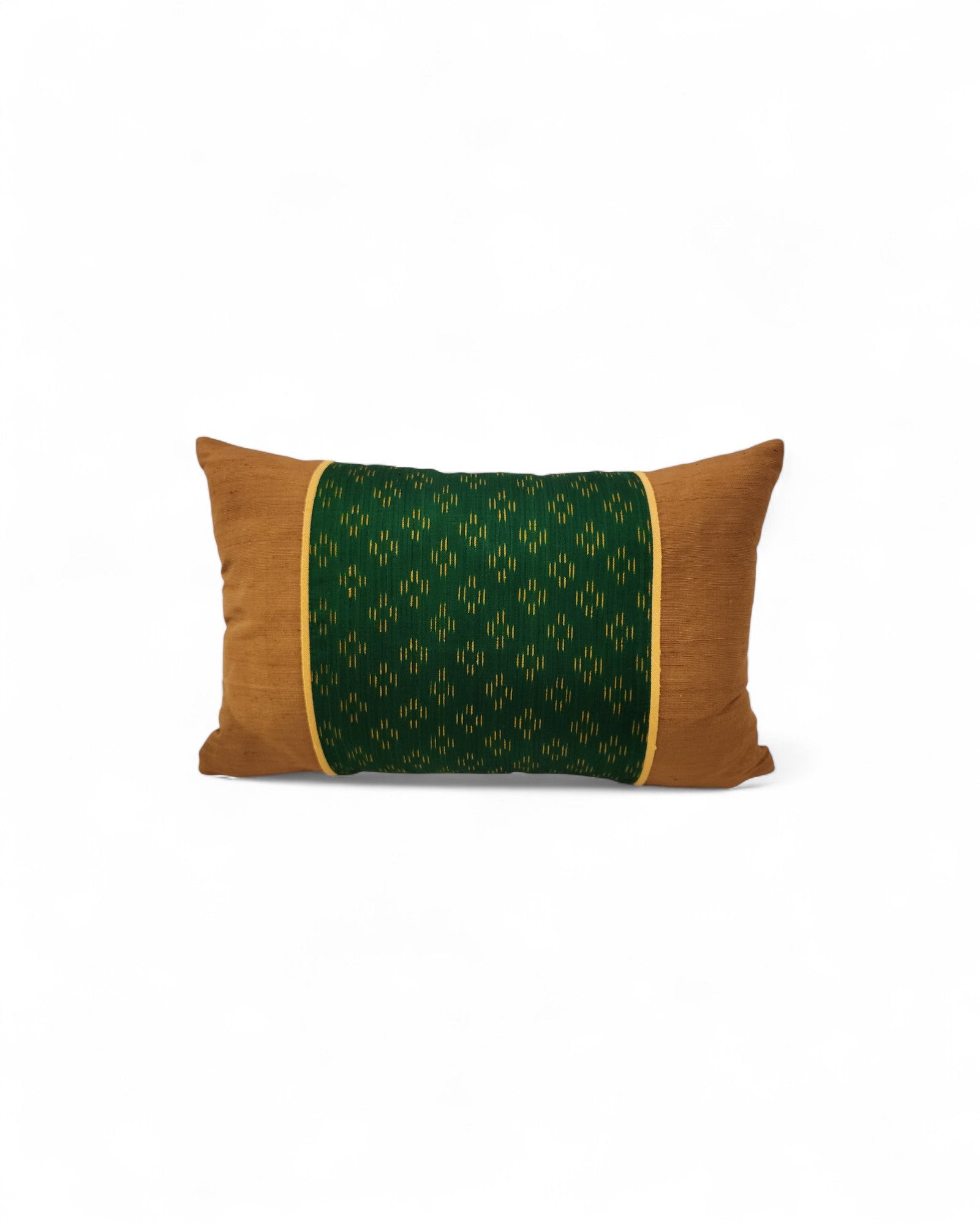 Lumbar Cushion in Handwoven Silk & Mudmee Silk Centre - Bronze & Green