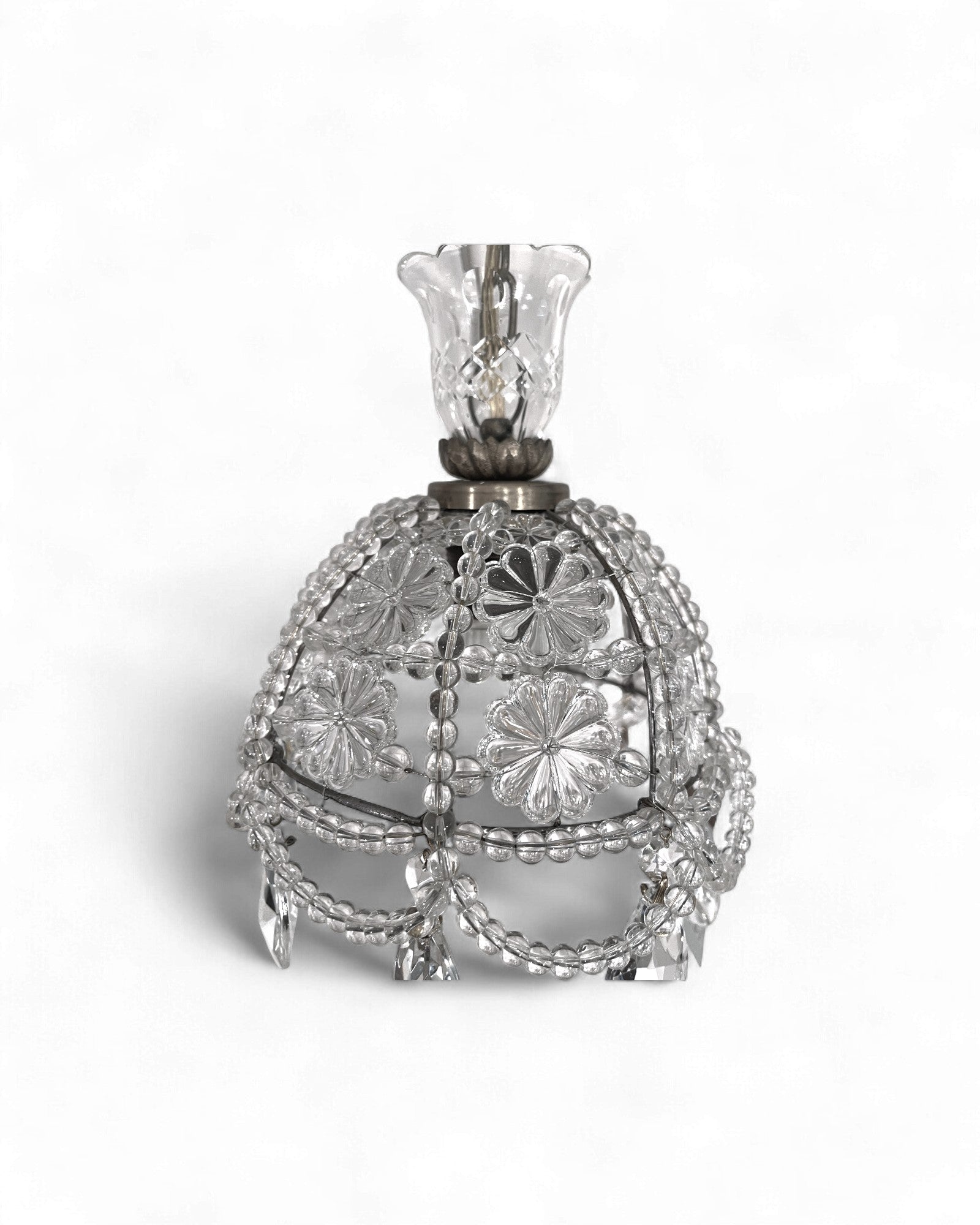 Vintage Glass-Beaded Brass Crystal Basket Chandelier