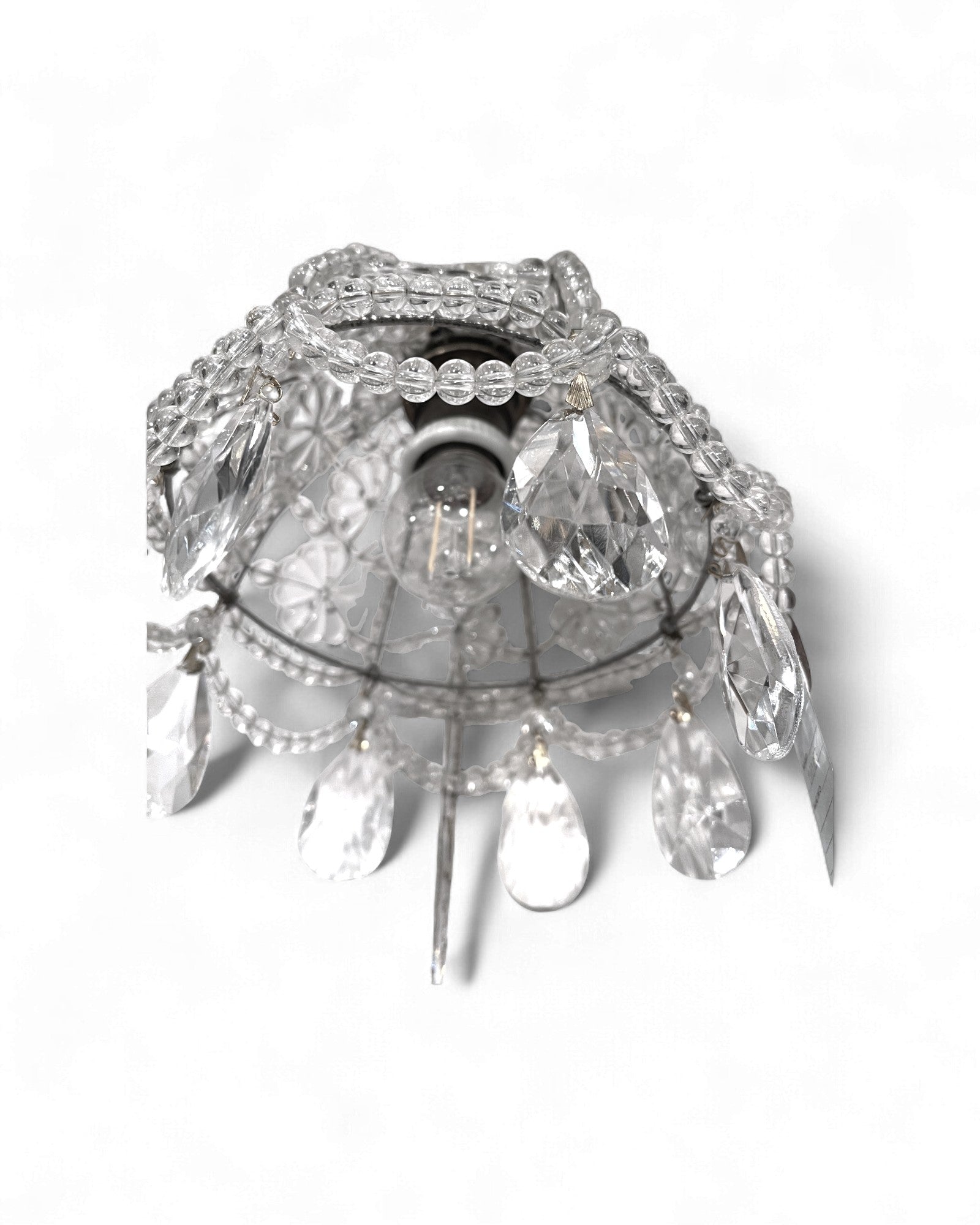 Vintage Glass-Beaded Brass Crystal Basket Chandelier