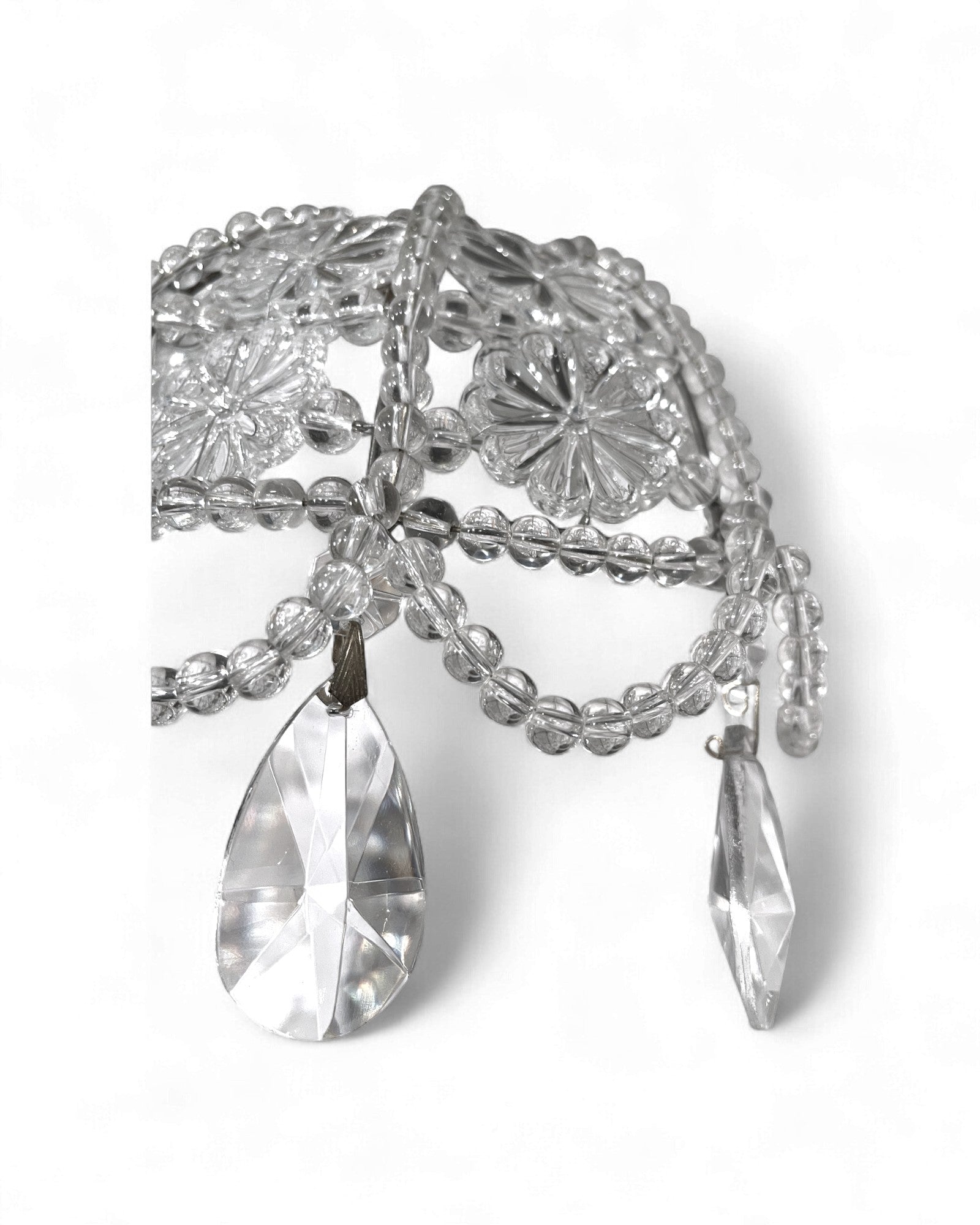 Vintage Glass-Beaded Brass Crystal Basket Chandelier