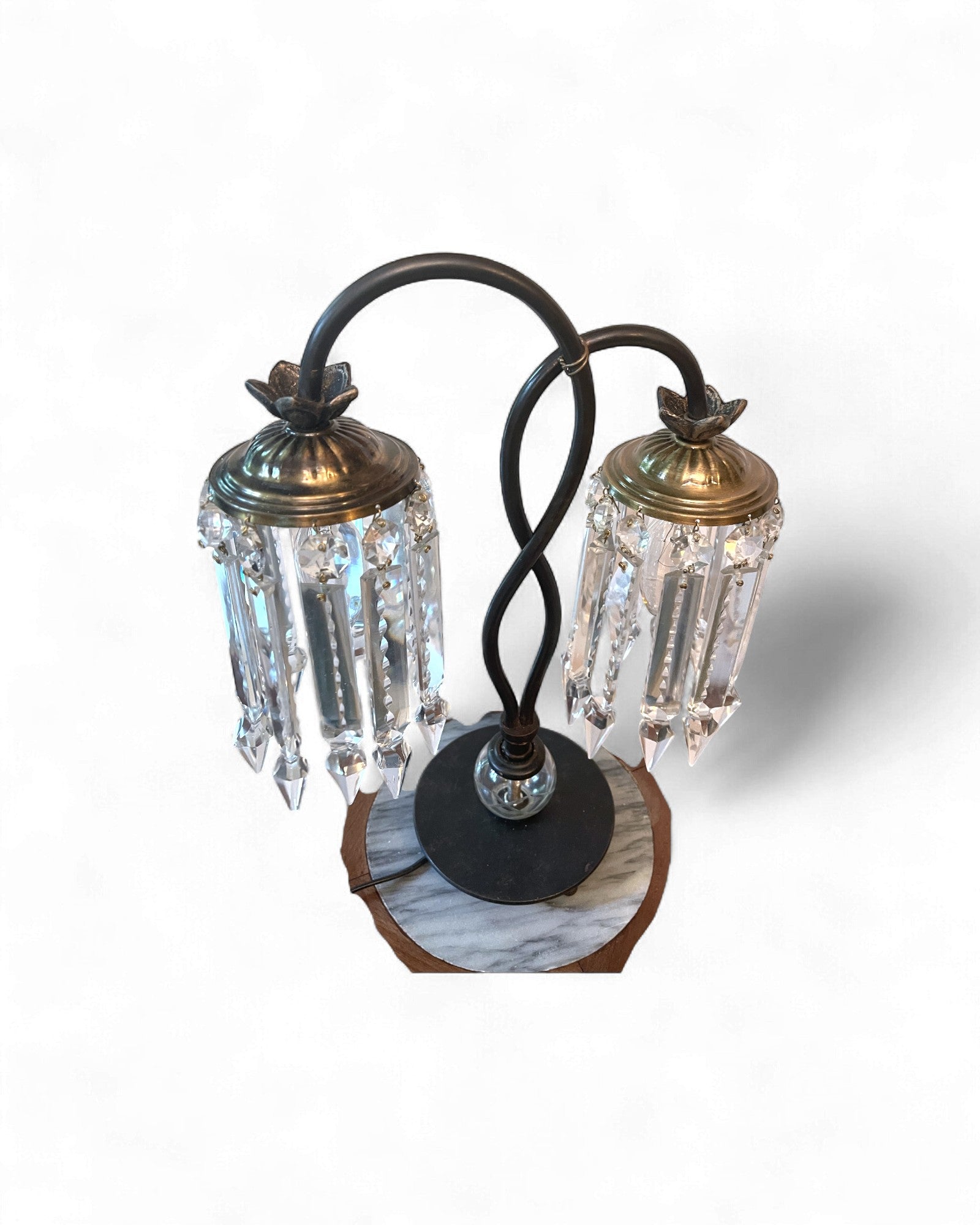 Vintage-Style Metal & Crystal “Waterfall” Two-Light Table Lamp