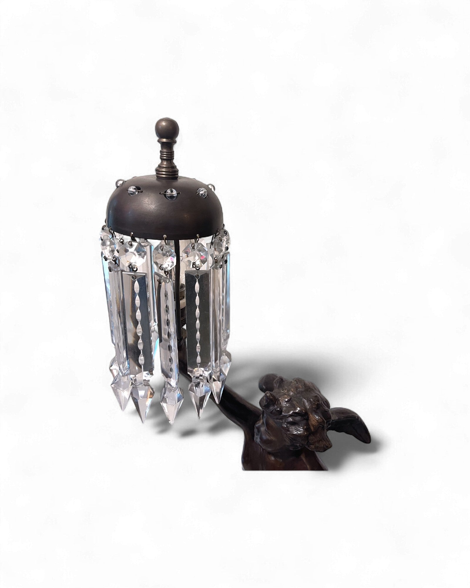 Rococo-Style Cherub Bronze Lamp with Crystal-Prism Shade