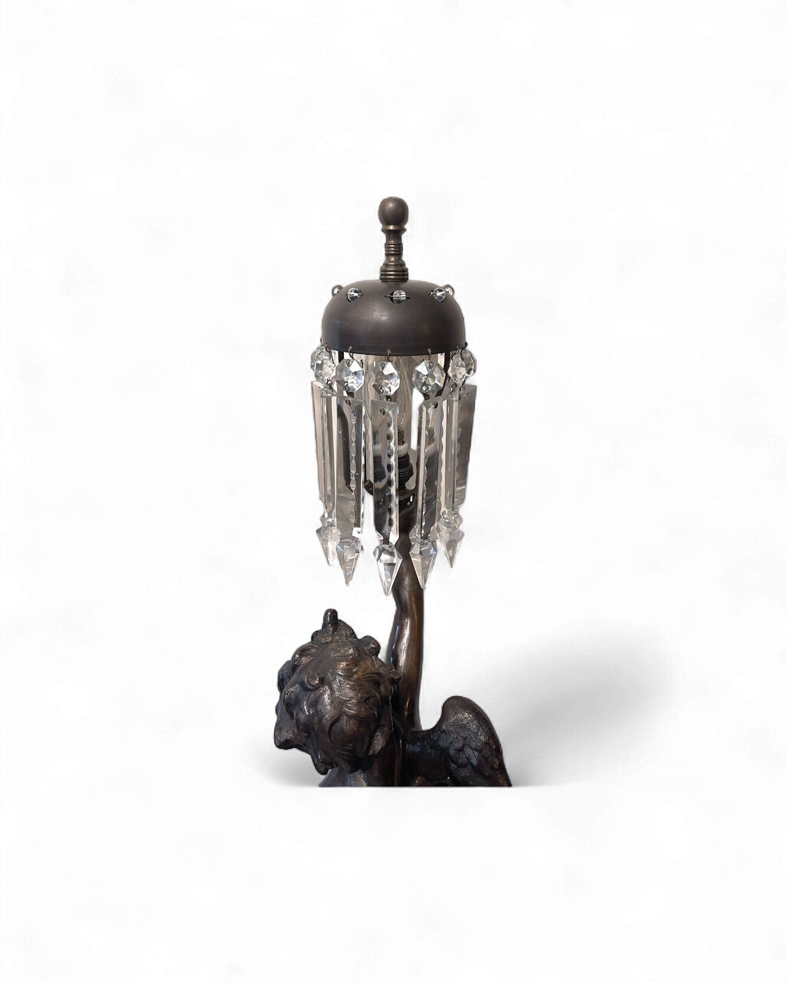 Rococo-Style Cherub Bronze Lamp with Crystal-Prism Shade