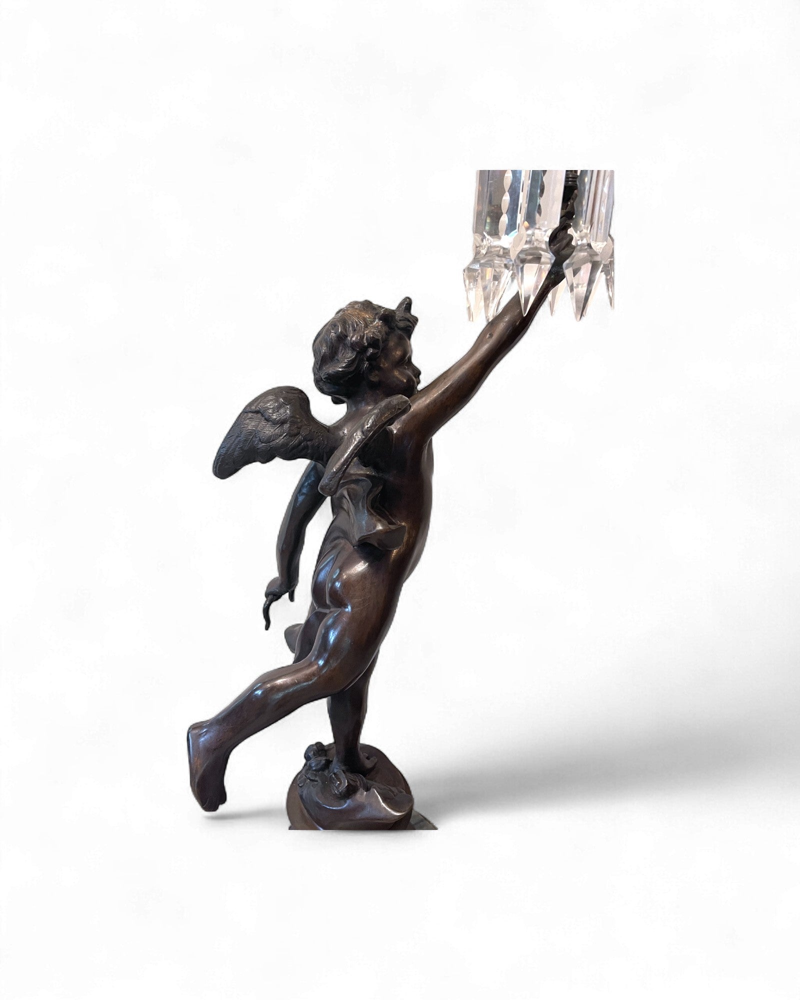 Rococo-Style Cherub Bronze Lamp with Crystal-Prism Shade