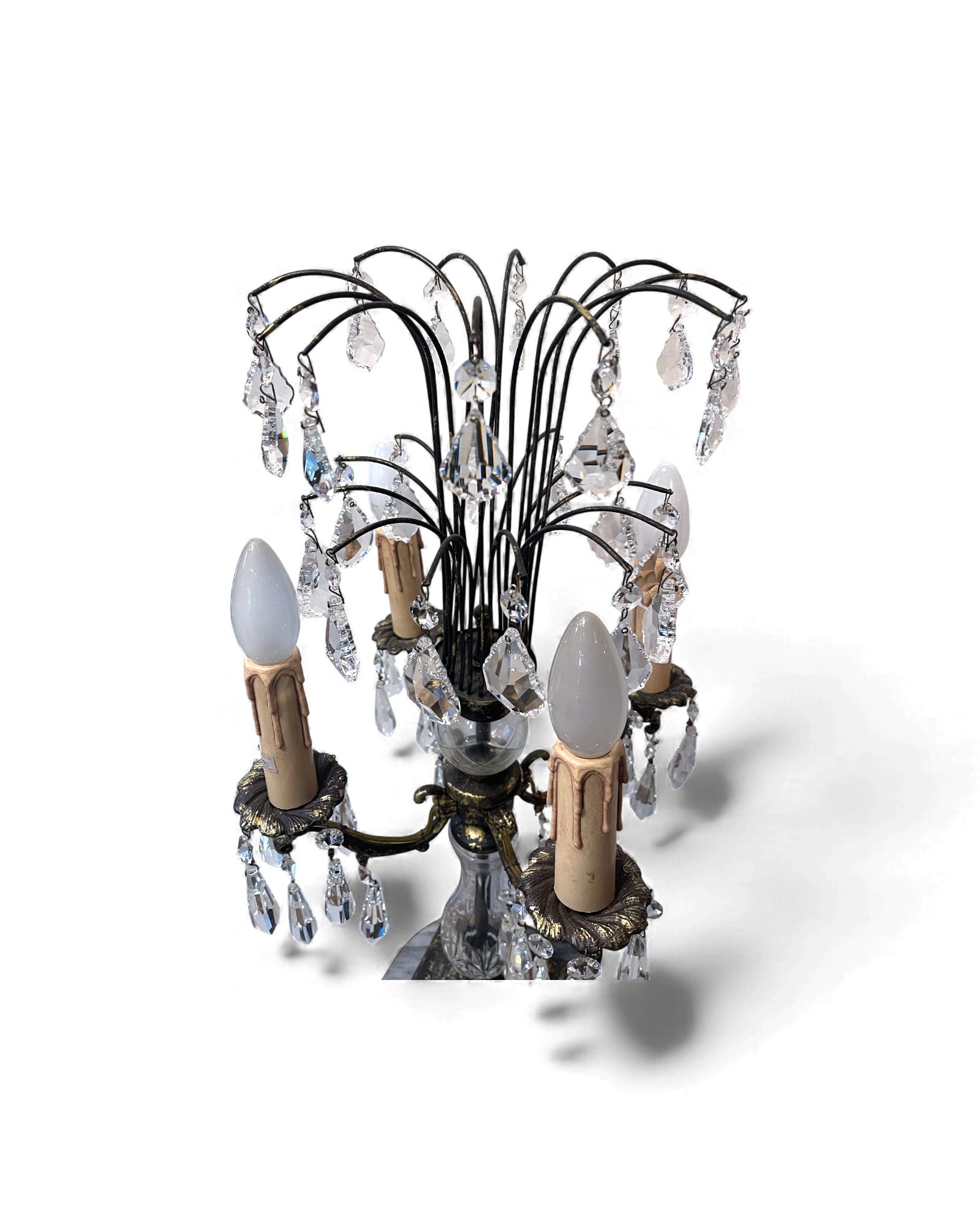 Mid-Century Hollywood Regency Brass & Cut Crystal Girandole Lamp - 4 Bulb