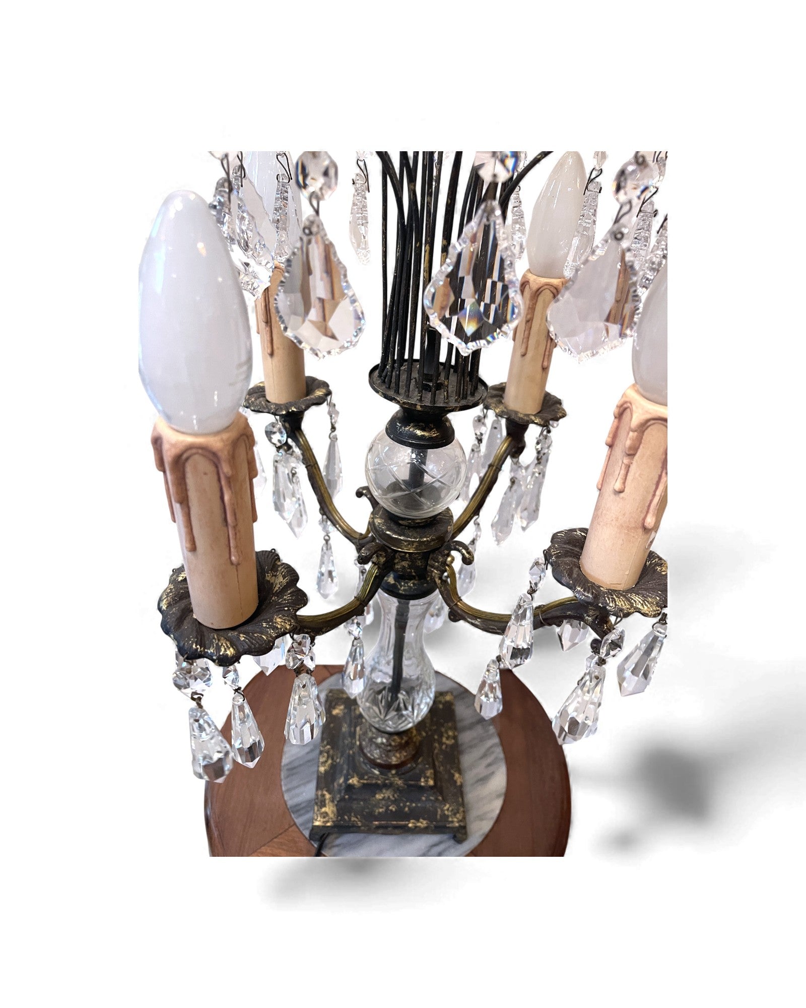 Mid-Century Hollywood Regency Brass & Cut Crystal Girandole Lamp - 4 Bulb