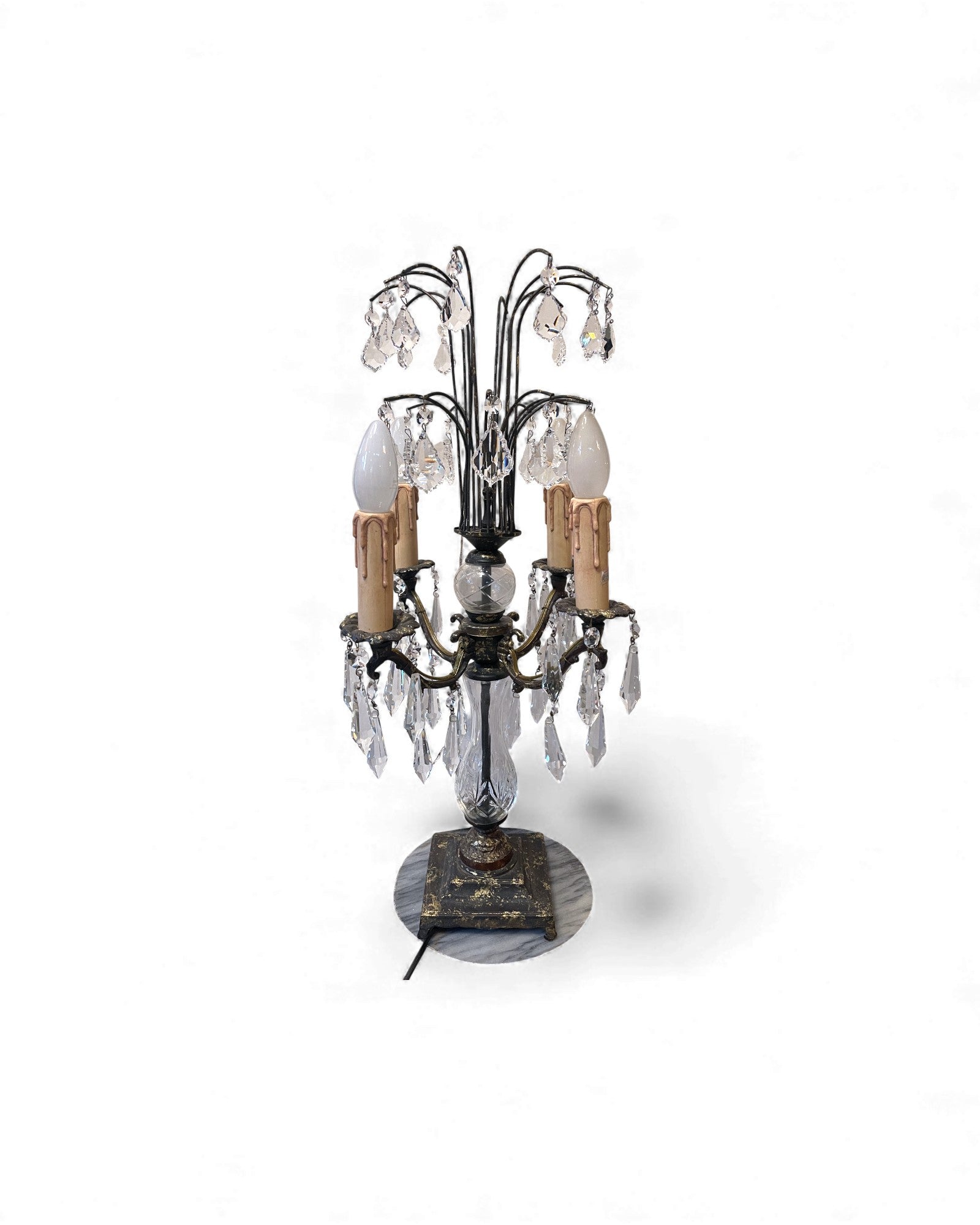 Mid-Century Hollywood Regency Brass & Cut Crystal Girandole Lamp - 4 Bulb