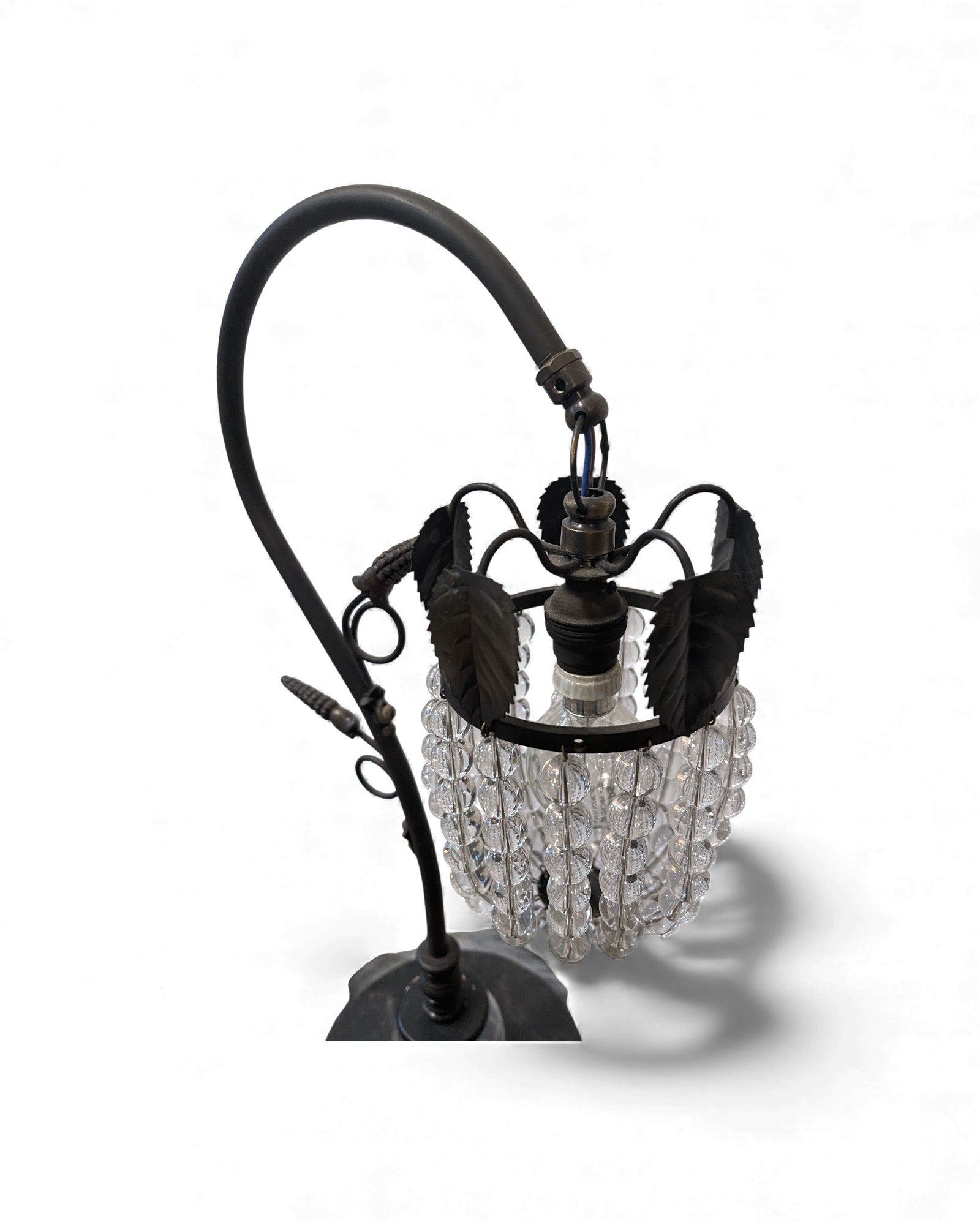 Art Deco Patinated Brass Table Lamp with Beaded Glass Shade