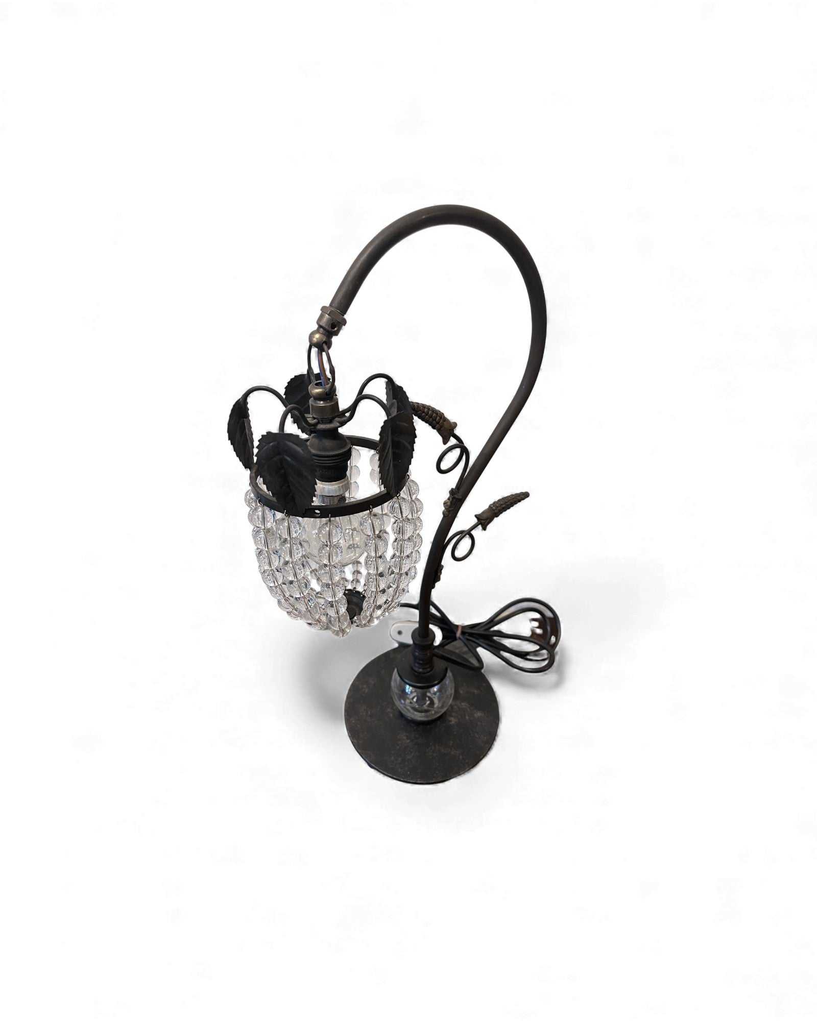 Art Deco Patinated Brass Table Lamp with Beaded Glass Shade