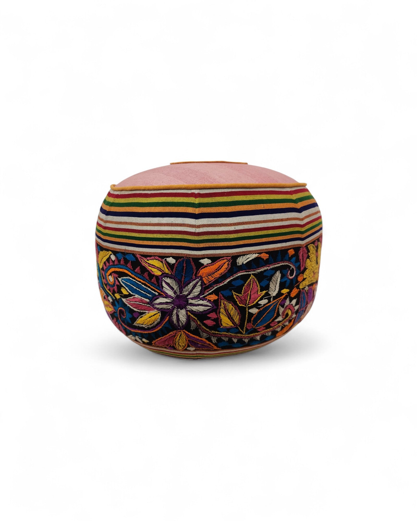 Multicolour Hand-Embroidered Round Pouf - Pink