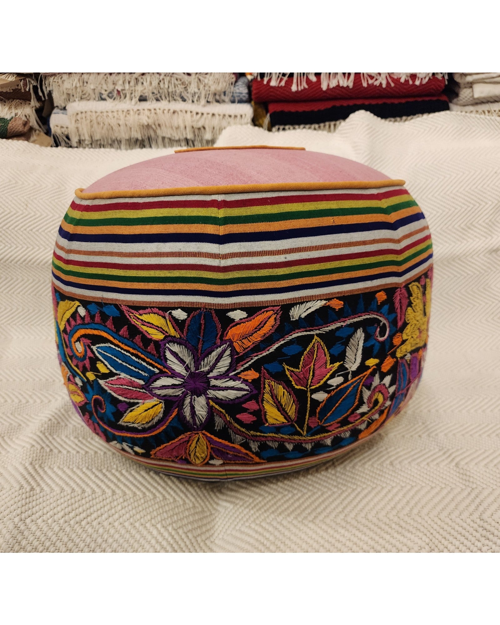 Multicolour Hand-Embroidered Round Pouf - Pink
