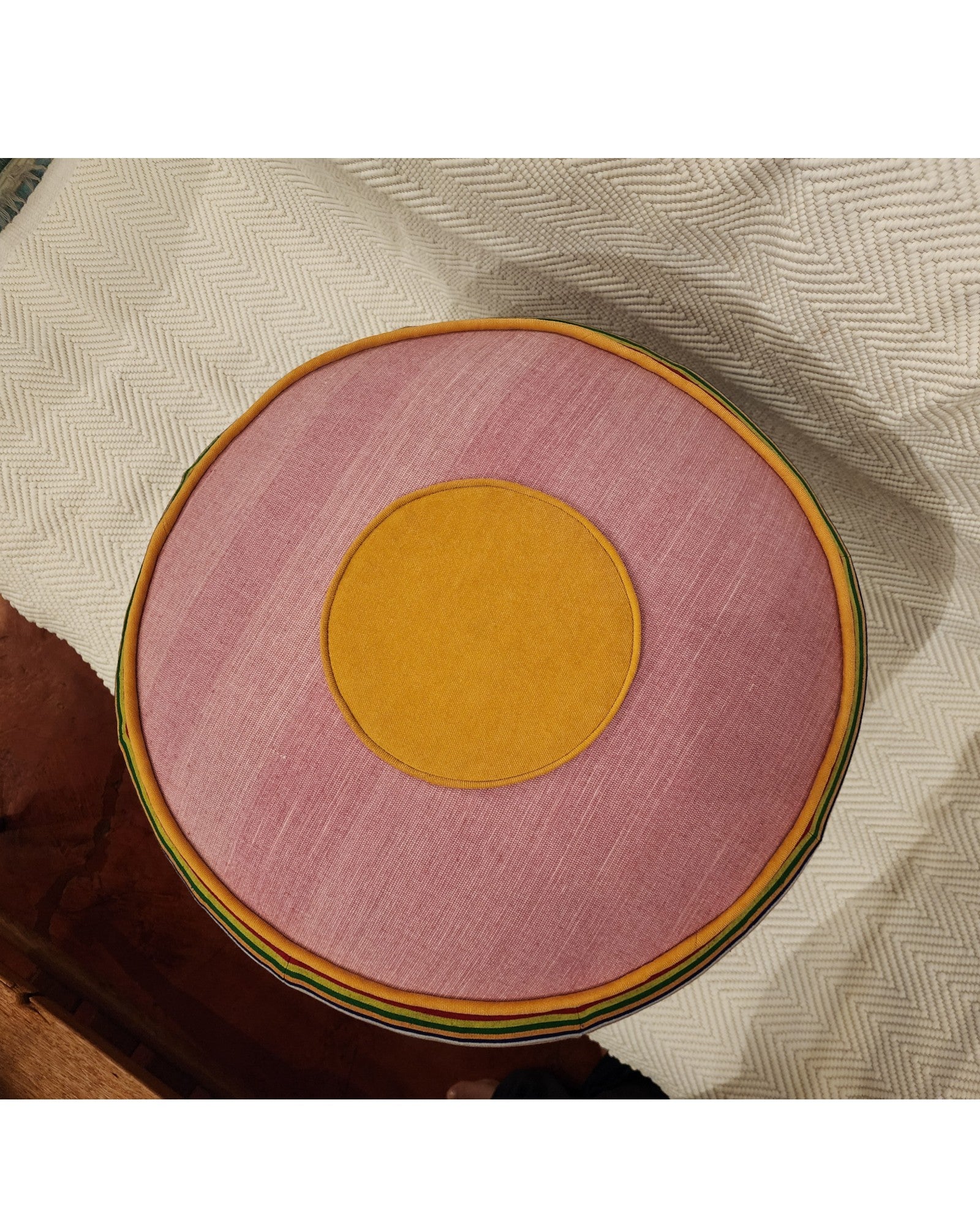 Multicolour Hand-Embroidered Round Pouf - Pink