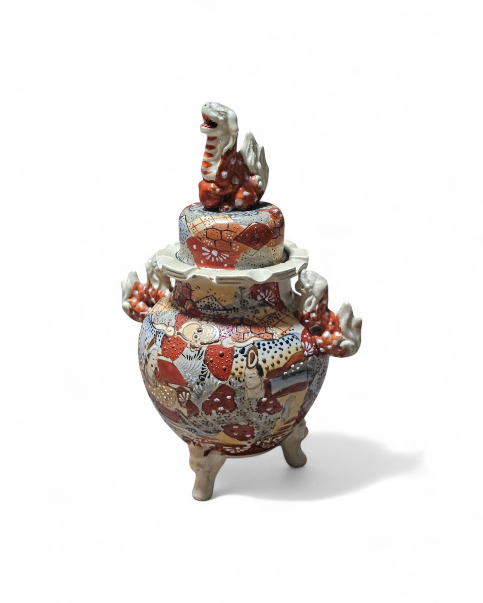 Satsuma Meiji Earthenware Lidded Vase with Foo Dogs