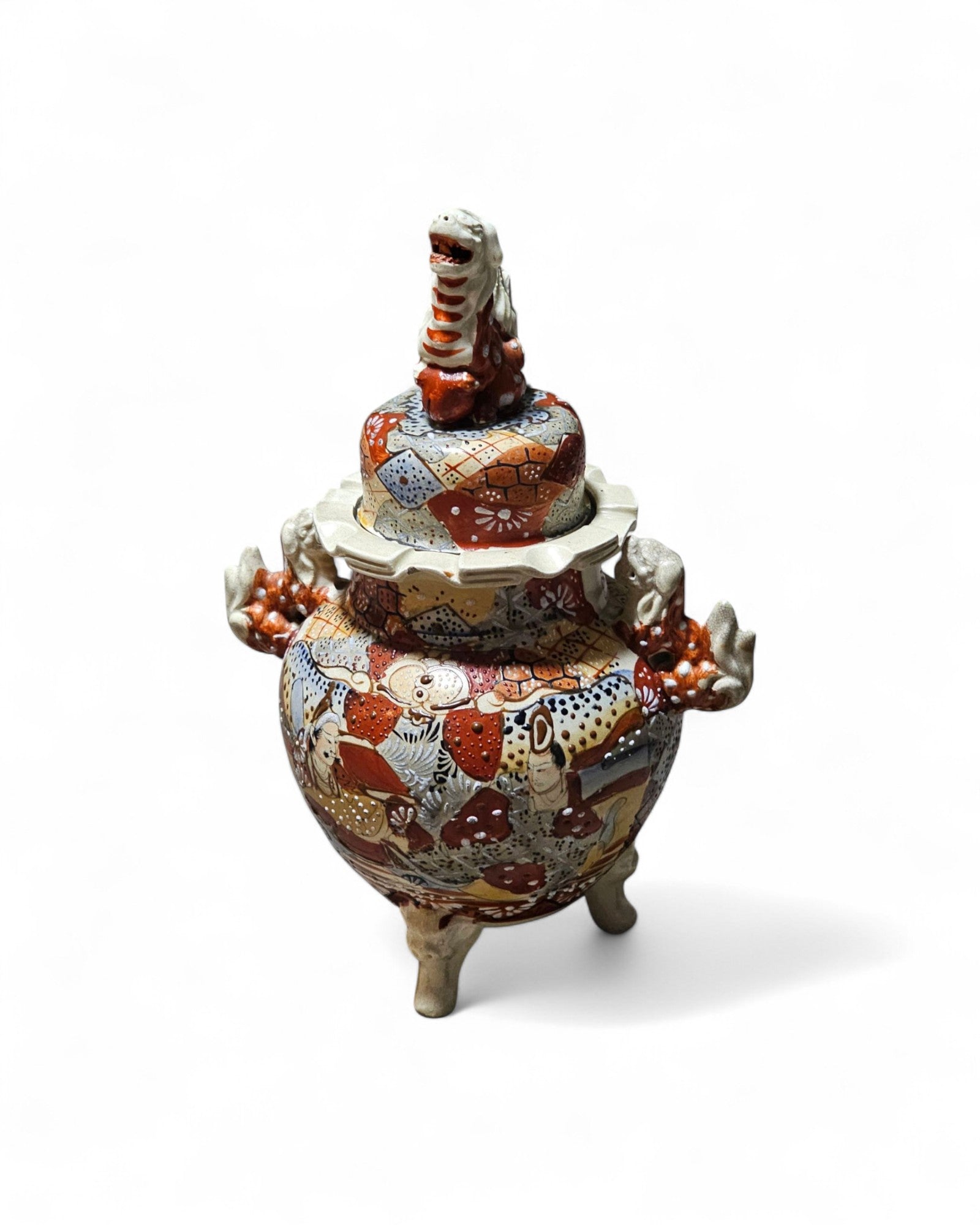 Satsuma Meiji Earthenware Lidded Vase with Foo Dogs