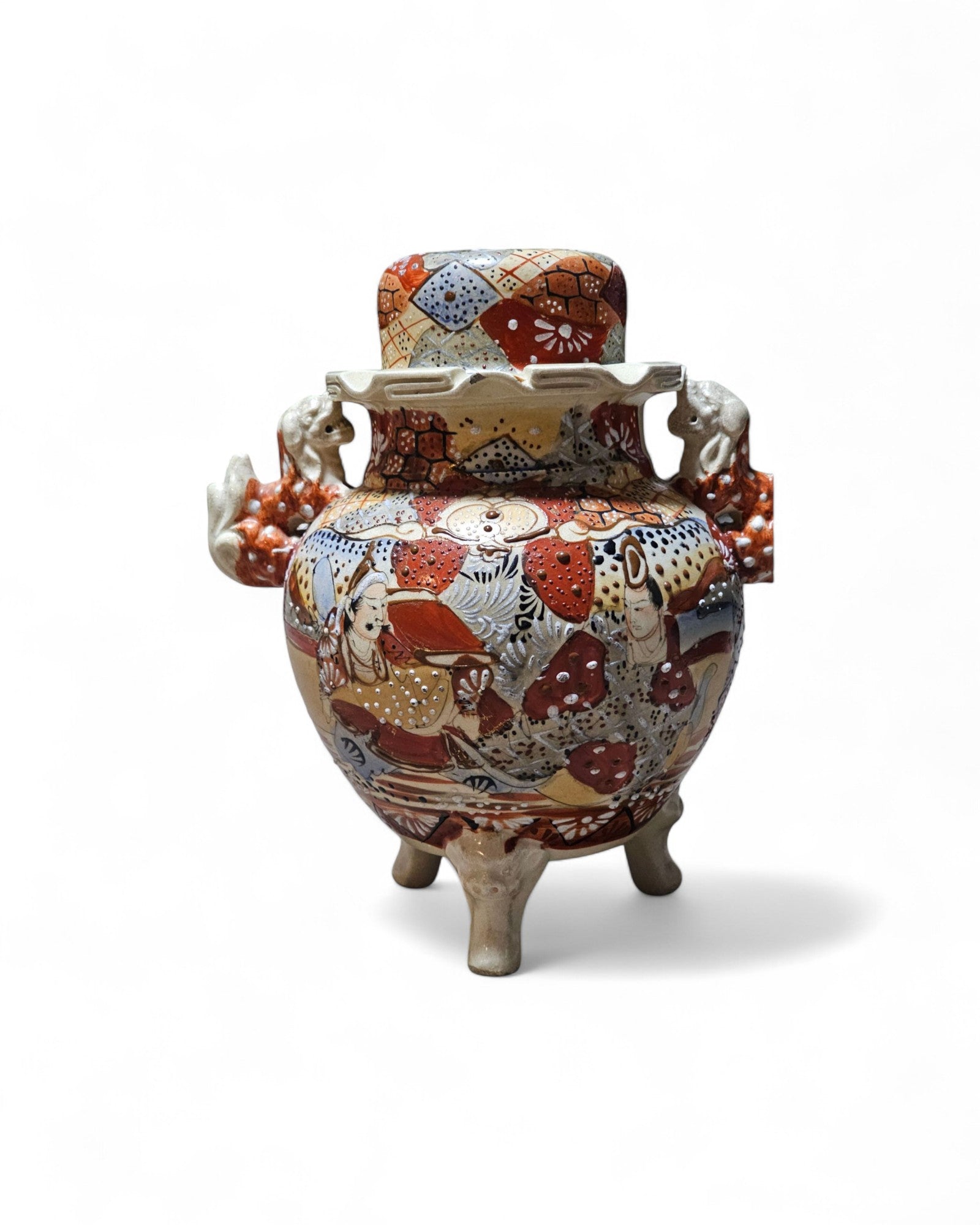Satsuma Meiji Earthenware Lidded Vase with Foo Dogs