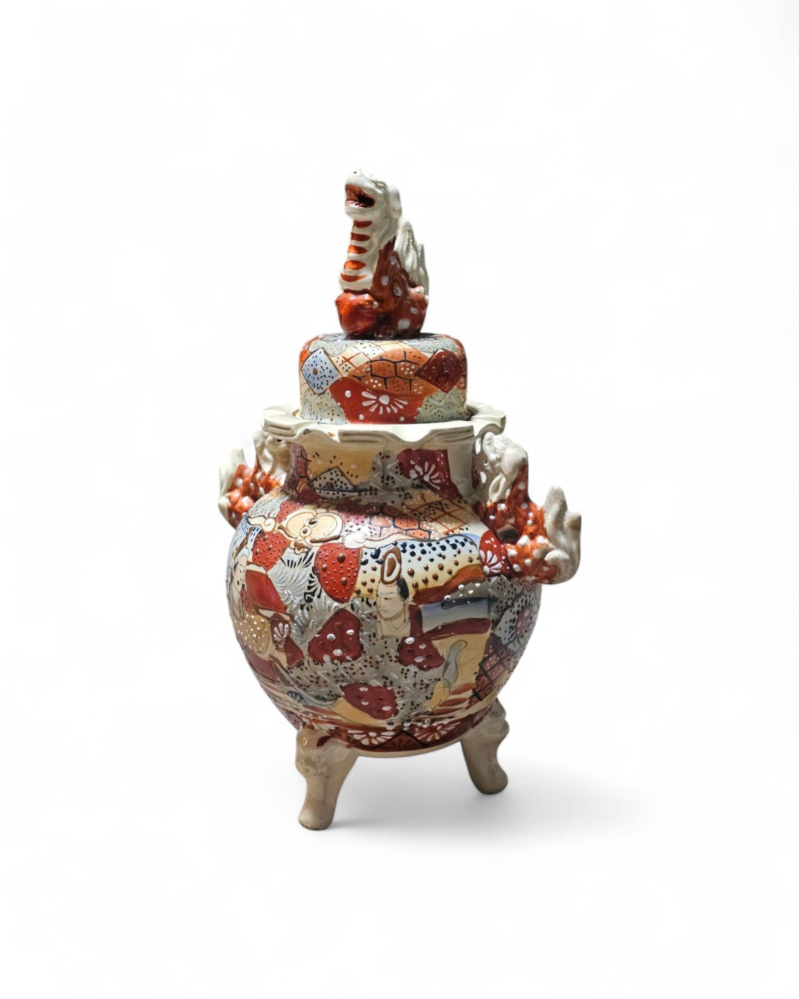 Satsuma Meiji Earthenware Lidded Vase with Foo Dogs
