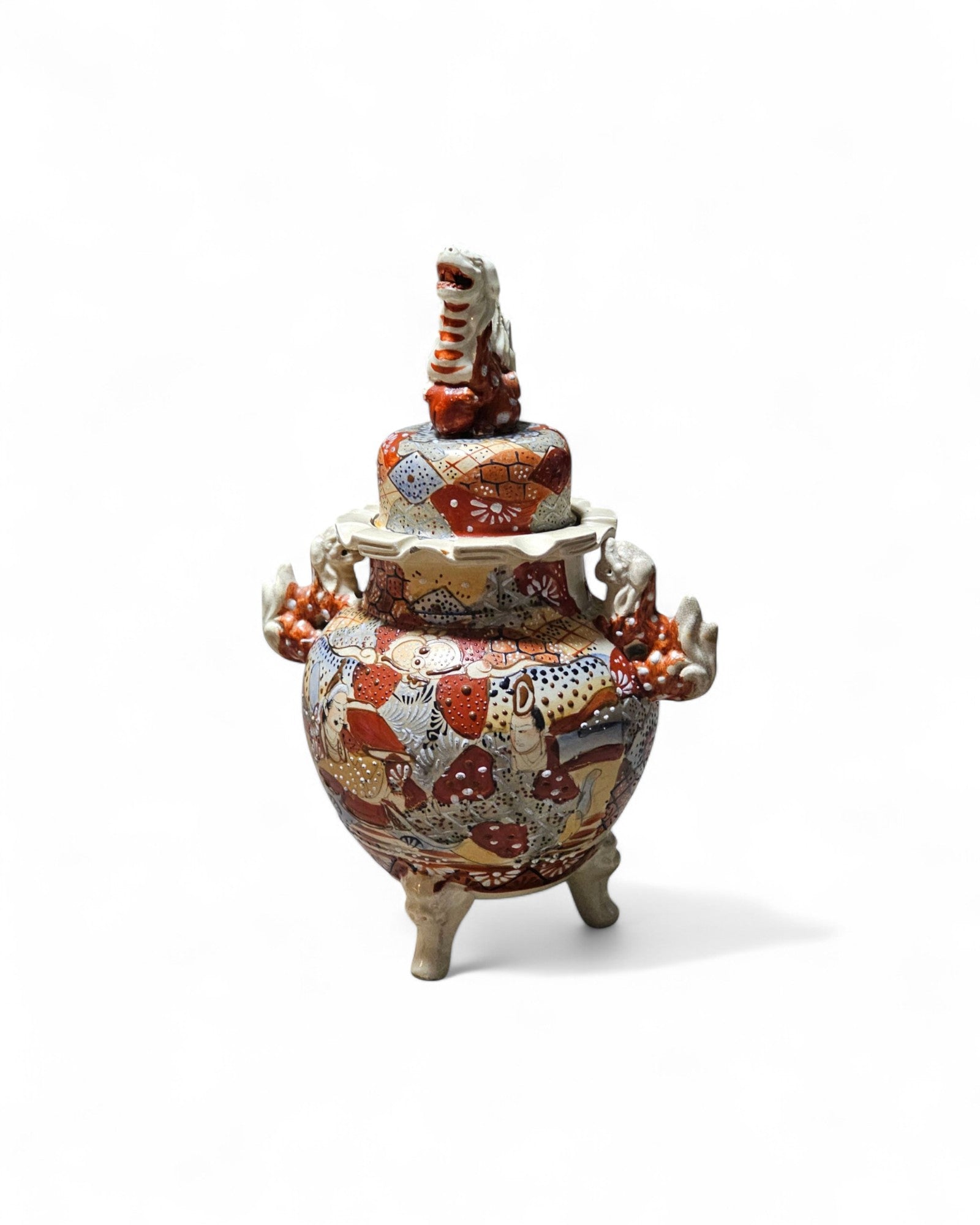 Satsuma Meiji Earthenware Lidded Vase with Foo Dogs