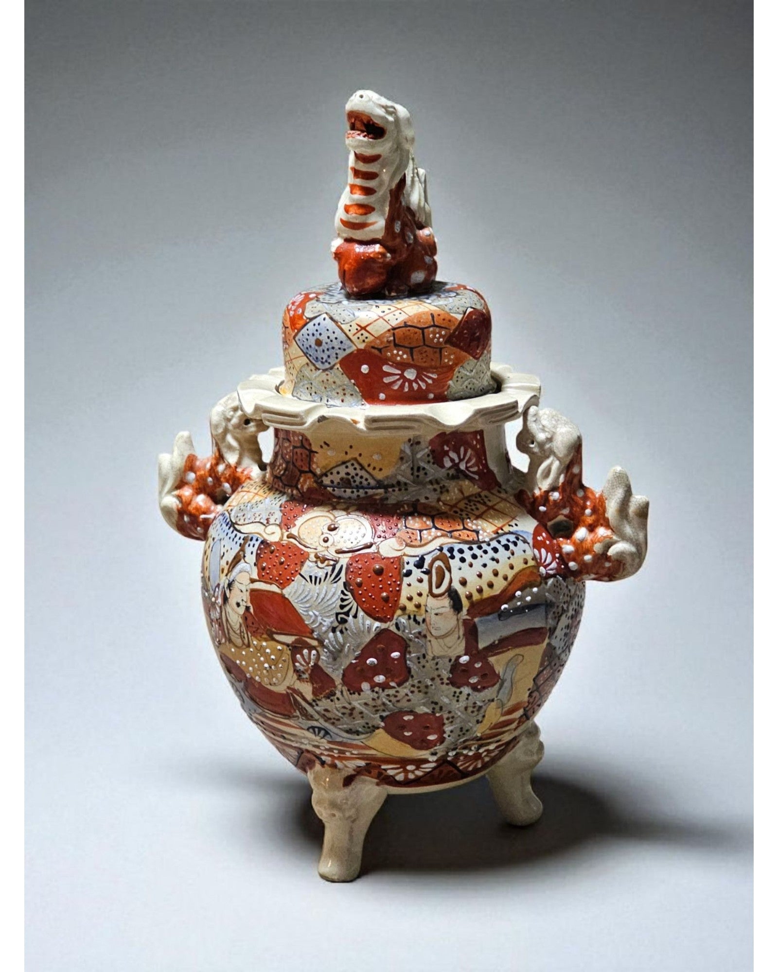 Satsuma Meiji Earthenware Lidded Vase with Foo Dogs