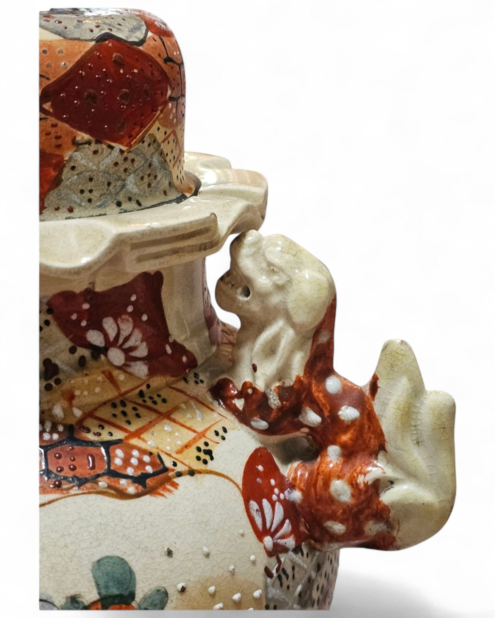 Satsuma Meiji Earthenware Lidded Vase with Foo Dogs