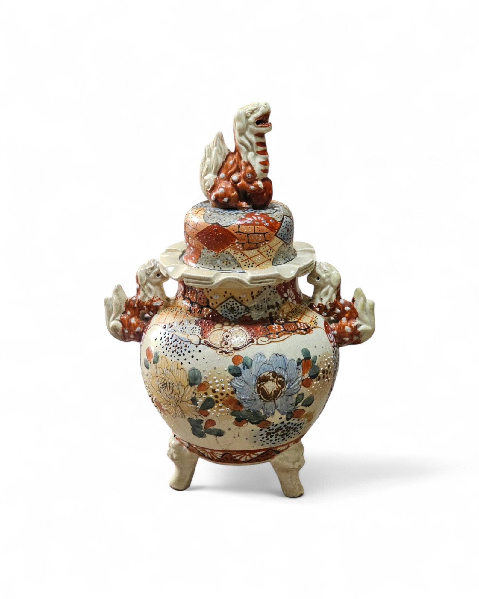 Satsuma Meiji Earthenware Lidded Vase with Foo Dogs