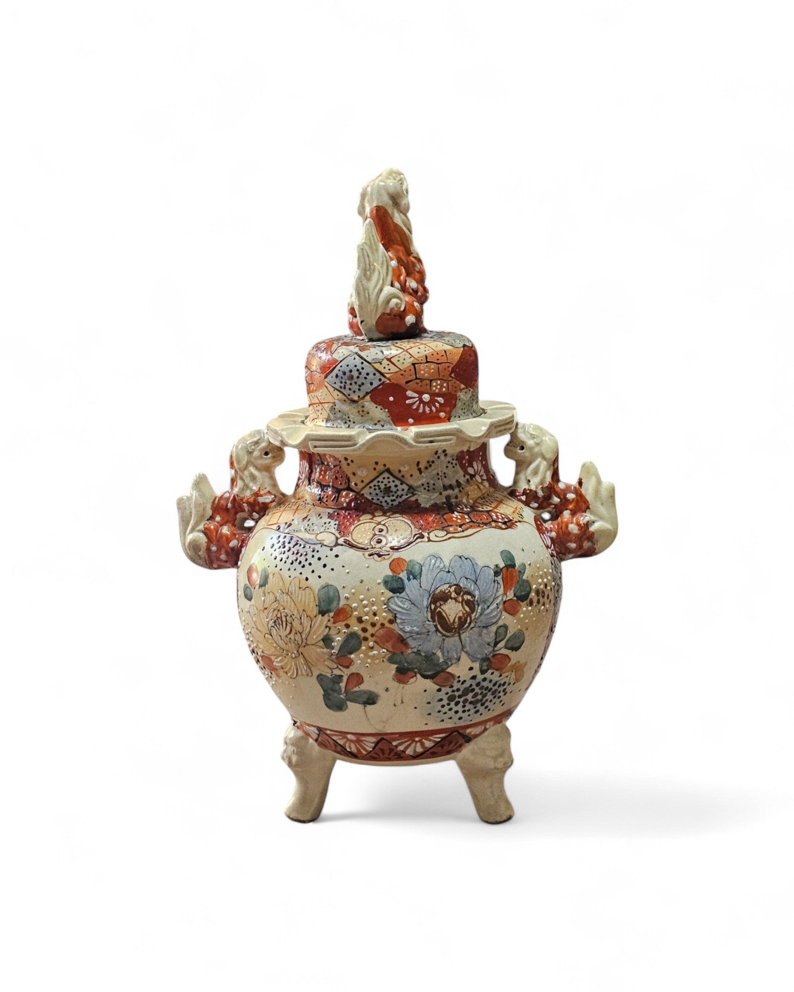 Satsuma Meiji Earthenware Lidded Vase with Foo Dogs