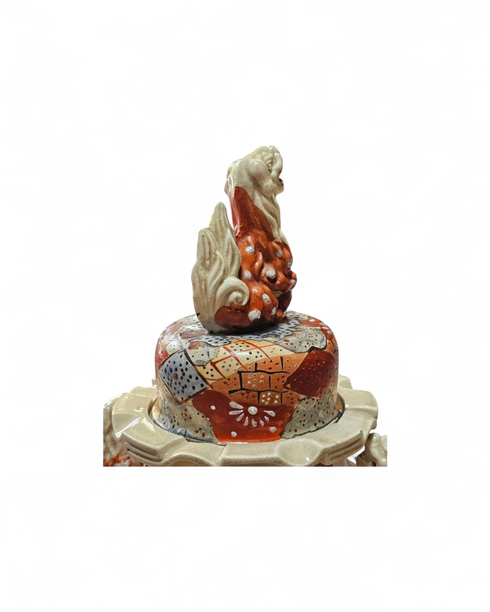 Satsuma Meiji Earthenware Lidded Vase with Foo Dogs