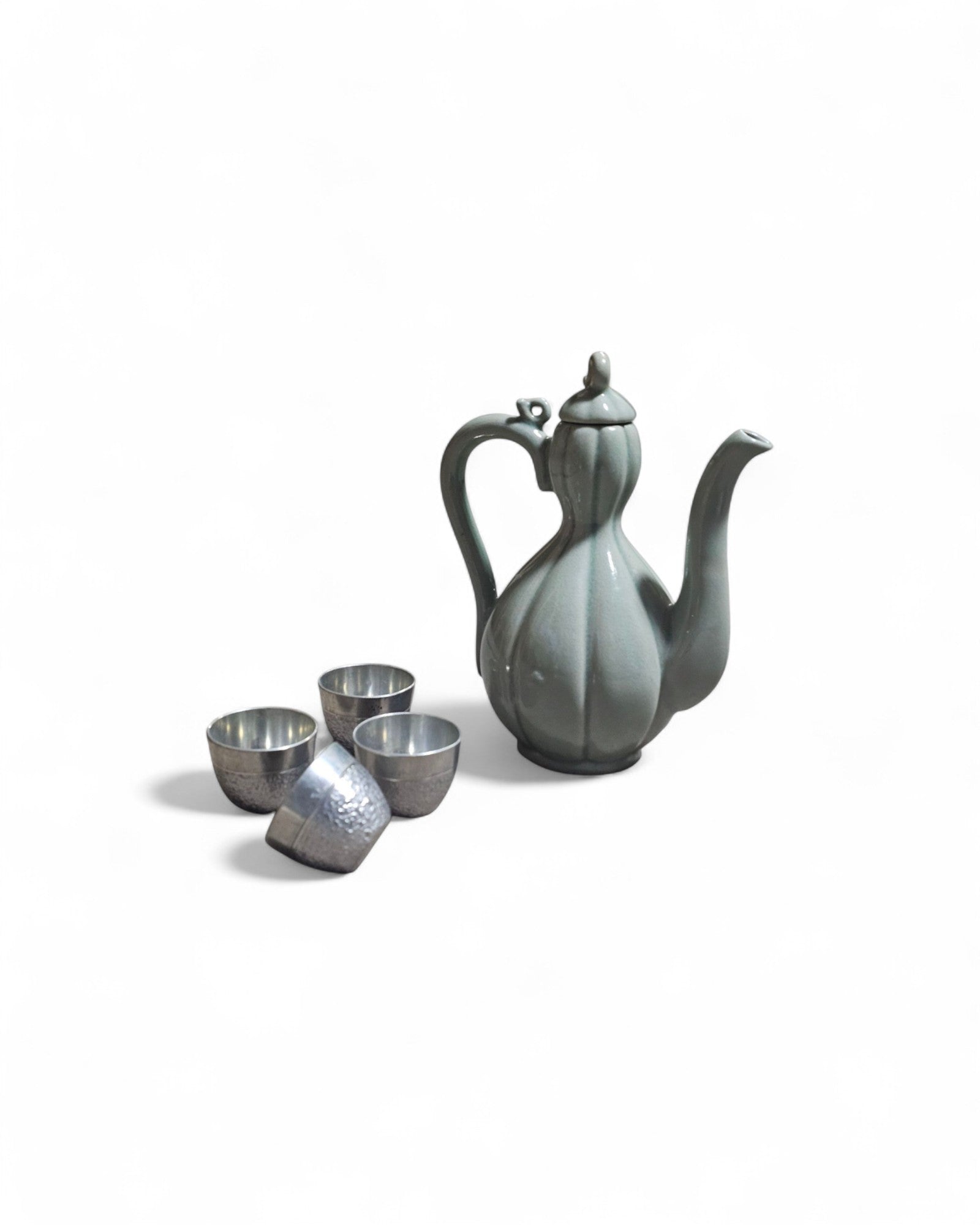 Celadon-Glazed Teapot with Four Pewter SIiver Tea Set